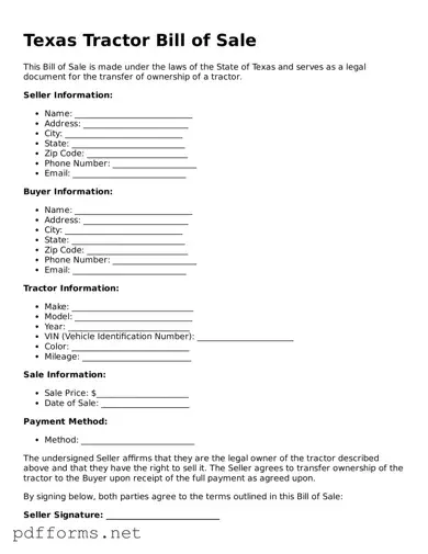 Free  Tractor Bill of Sale Document for Texas