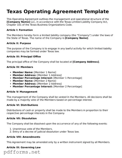 Free  Operating Agreement Document for Texas