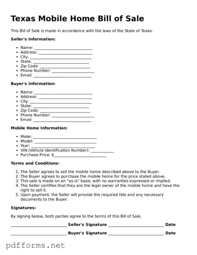 Free  Mobile Home Bill of Sale Document for Texas