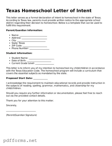 Free  Homeschool Letter of Intent Document for Texas