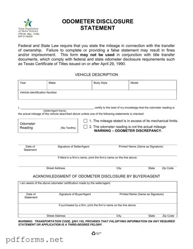 Download Texas Odometer Statement Template