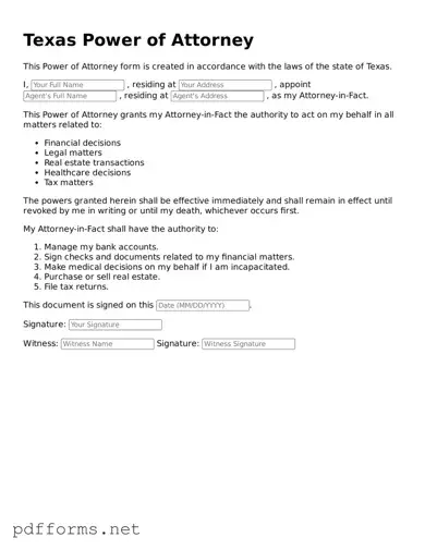 Free  Power of Attorney Document for Texas