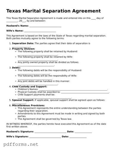 Free  Marital Separation Agreement Document for Texas