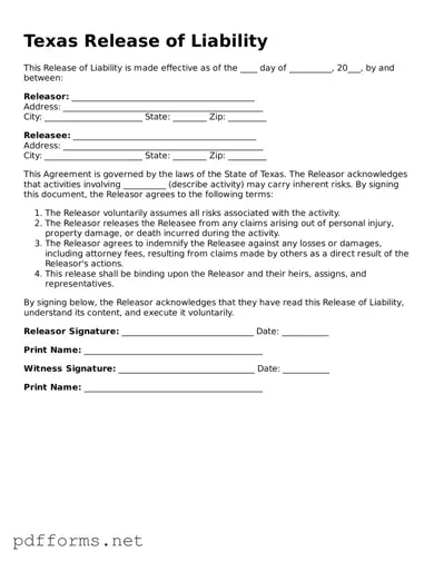 Free  Release of Liability Document for Texas