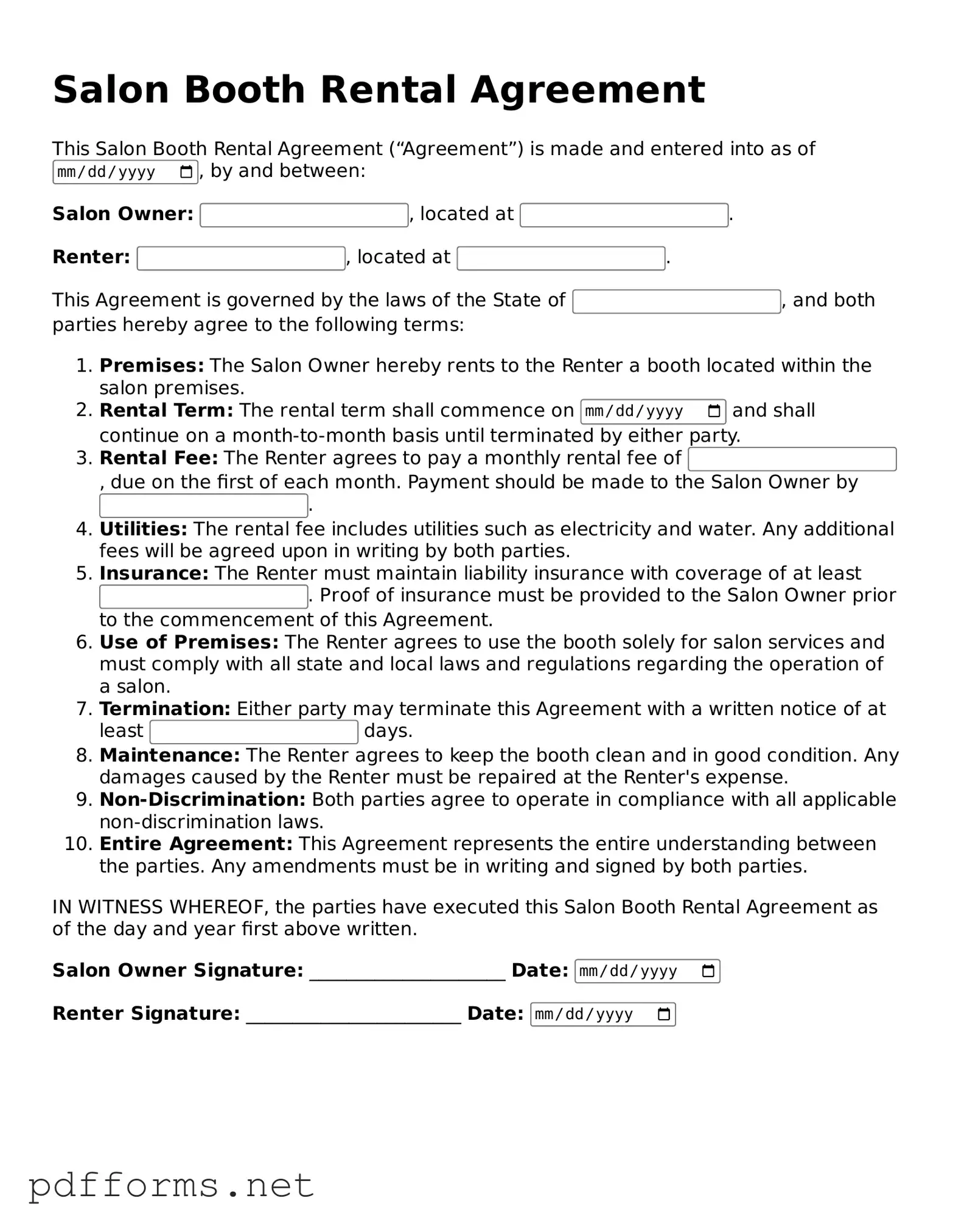 Official Salon Booth Rental Agreement Template