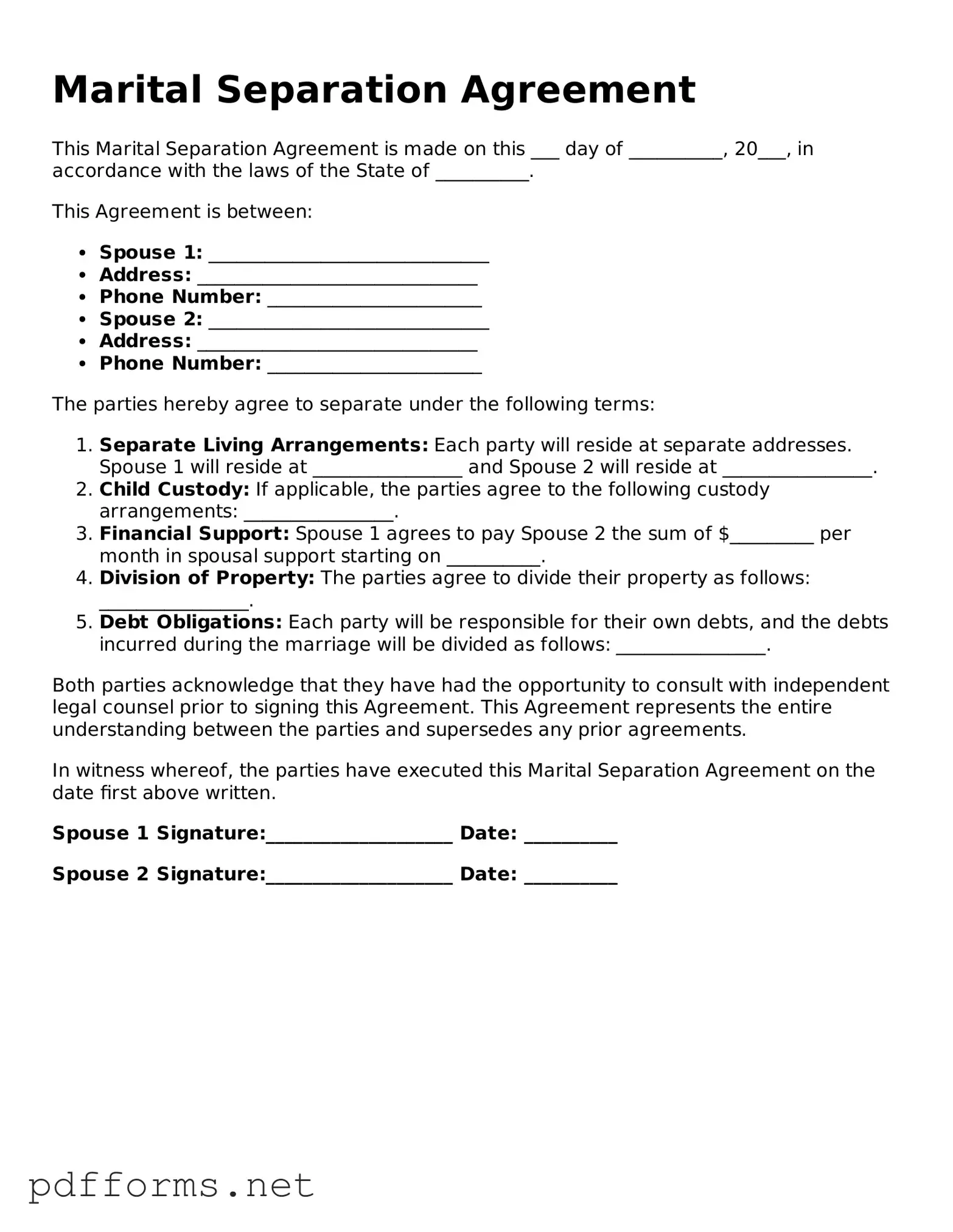 Official Marital Separation Agreement Template