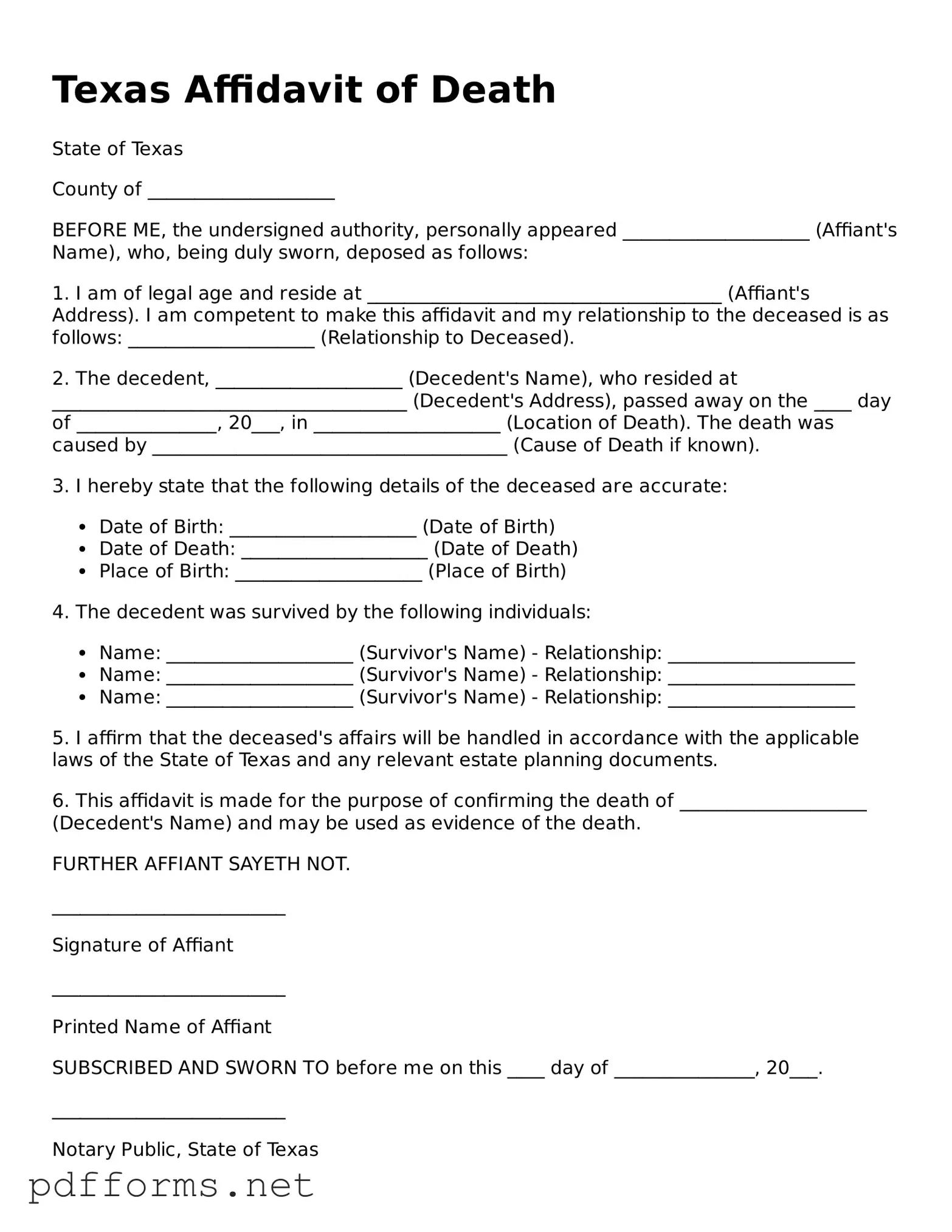 Free  Affidavit of Death Document for Texas
