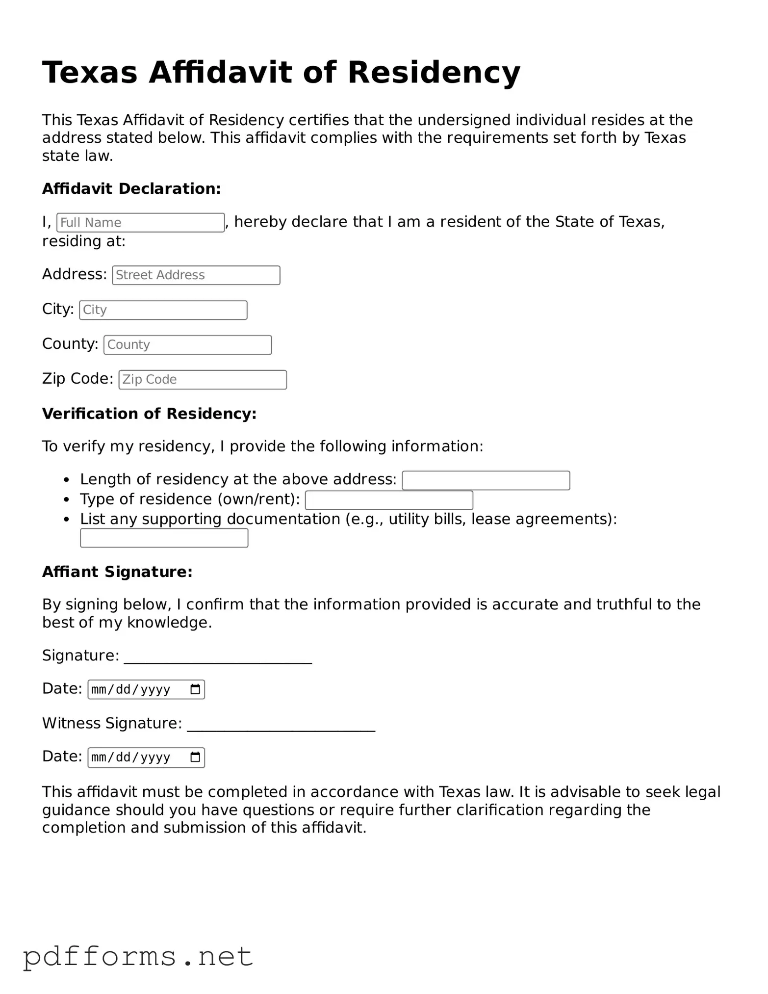 Free  Affidavit of Residency Document for Texas