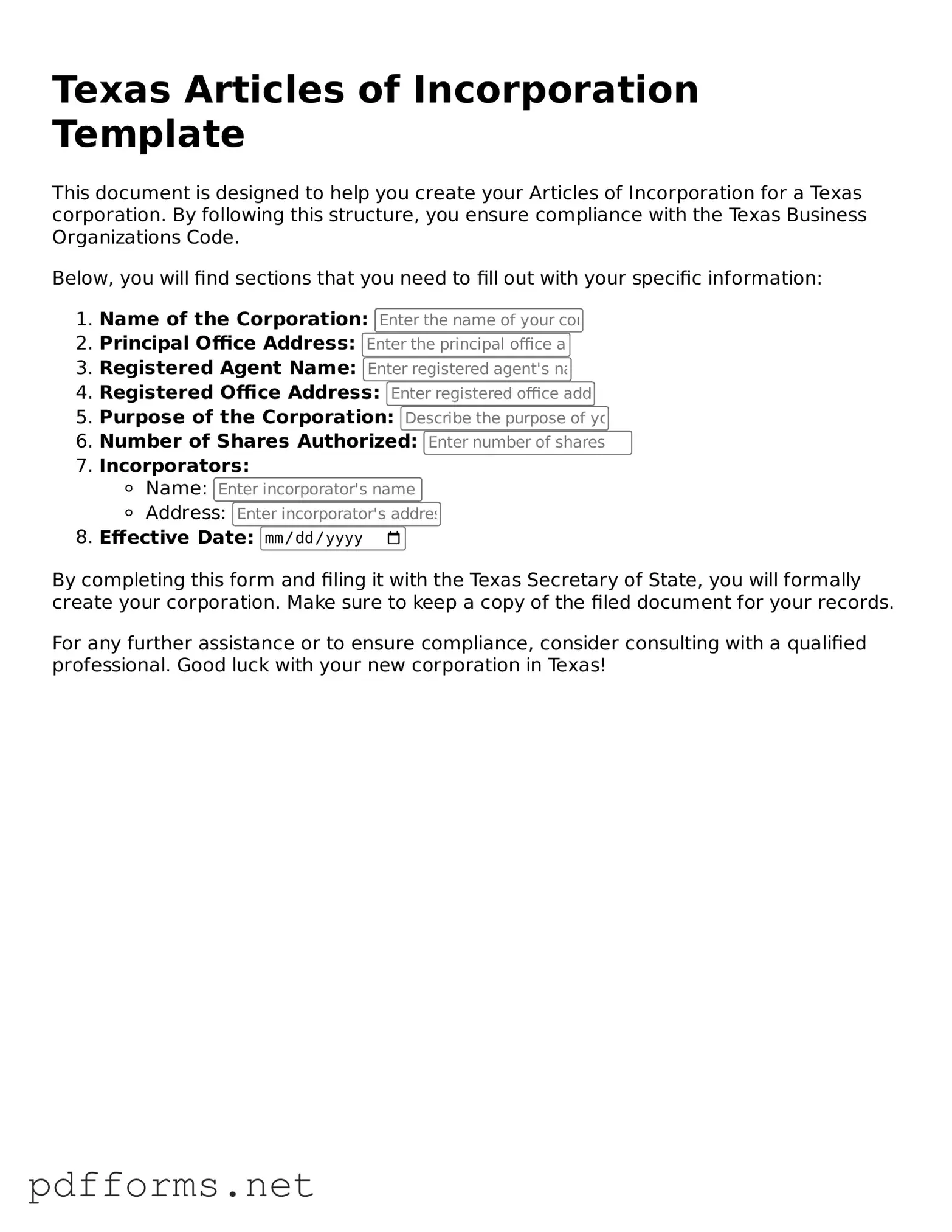 Free  Articles of Incorporation Document for Texas