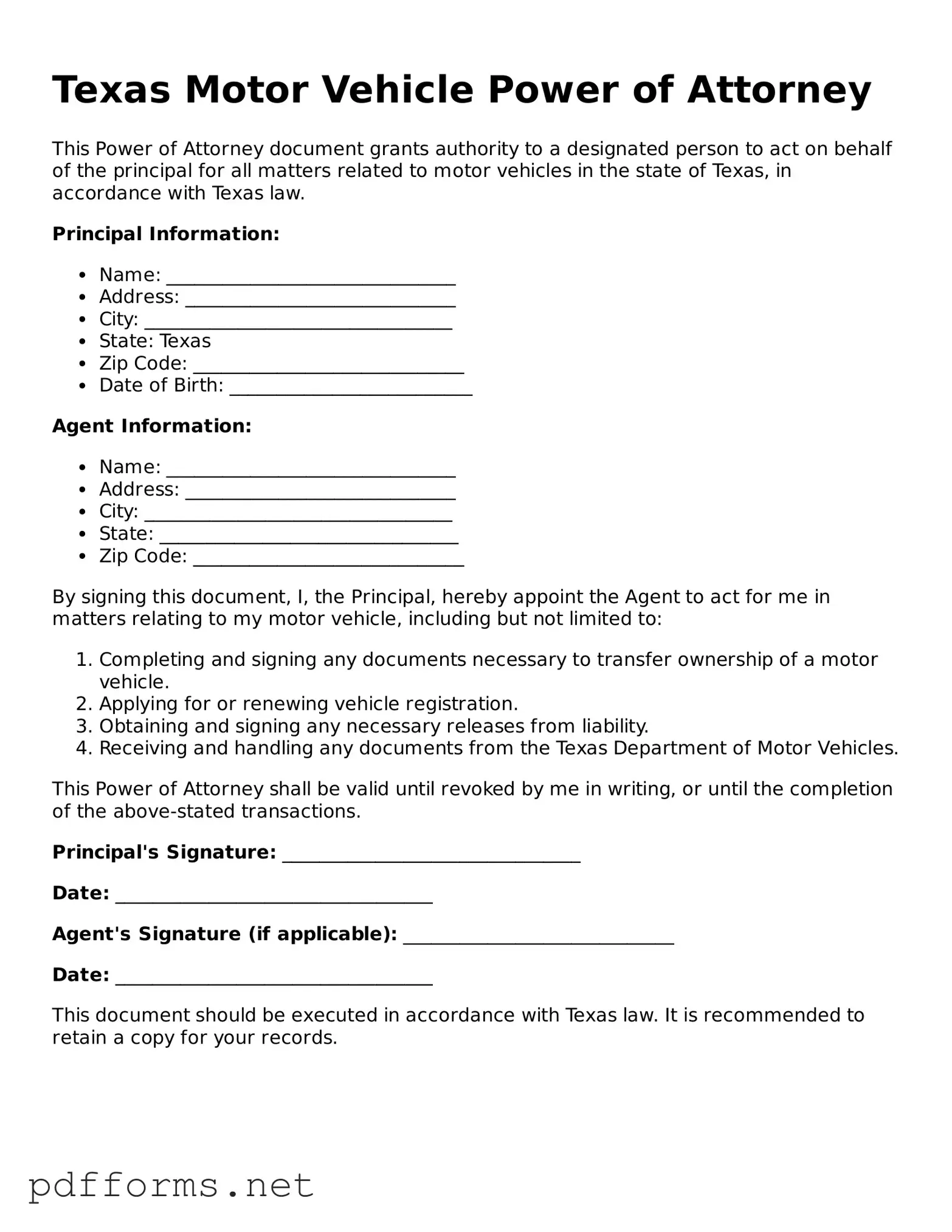 Free  Motor Vehicle Power of Attorney Document for Texas
