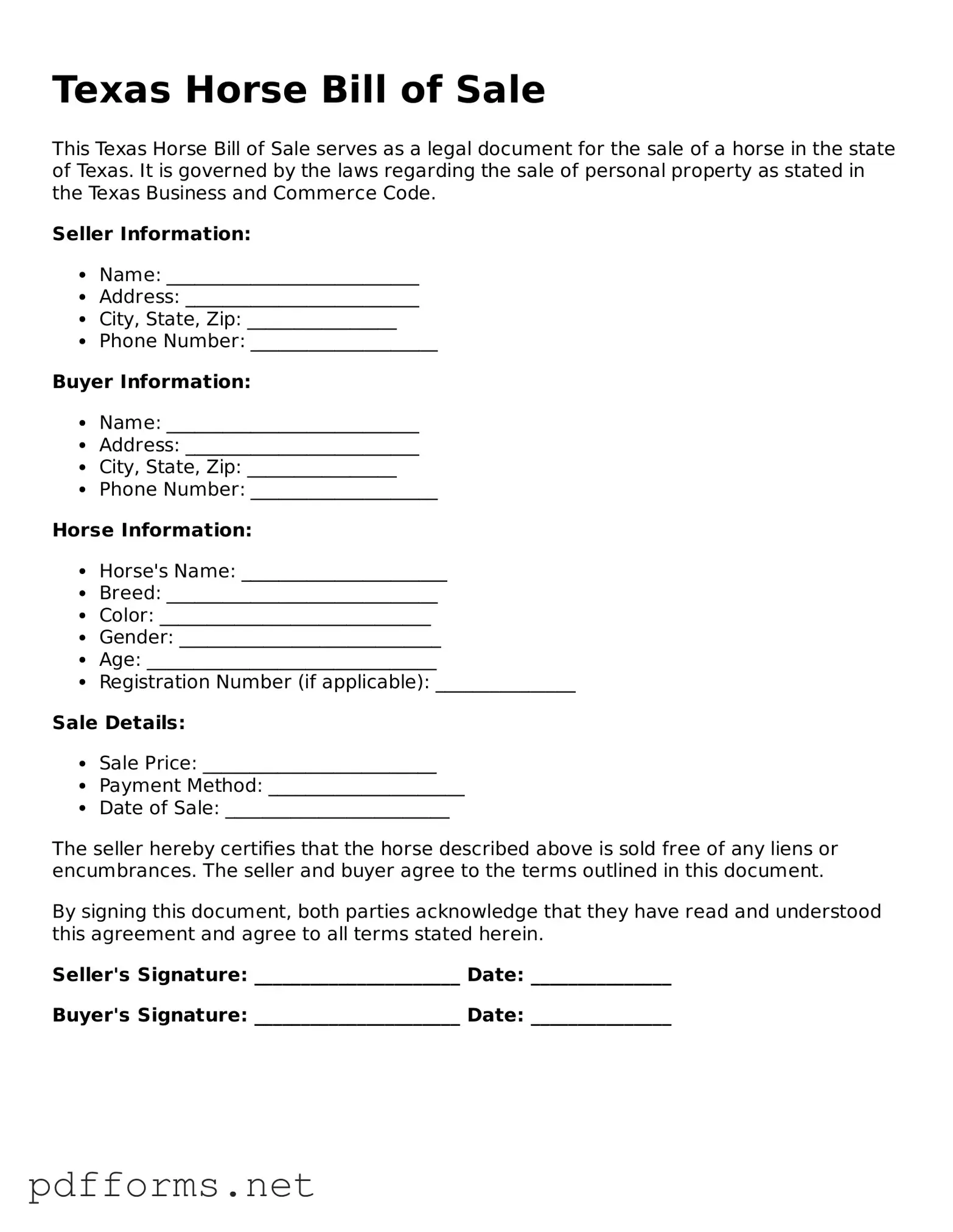 Free  Horse Bill of Sale Document for Texas