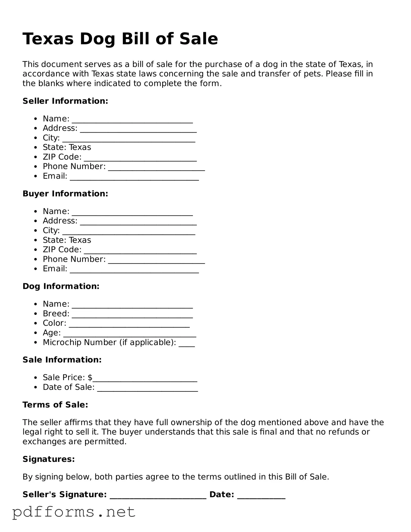 Free  Dog Bill of Sale Document for Texas