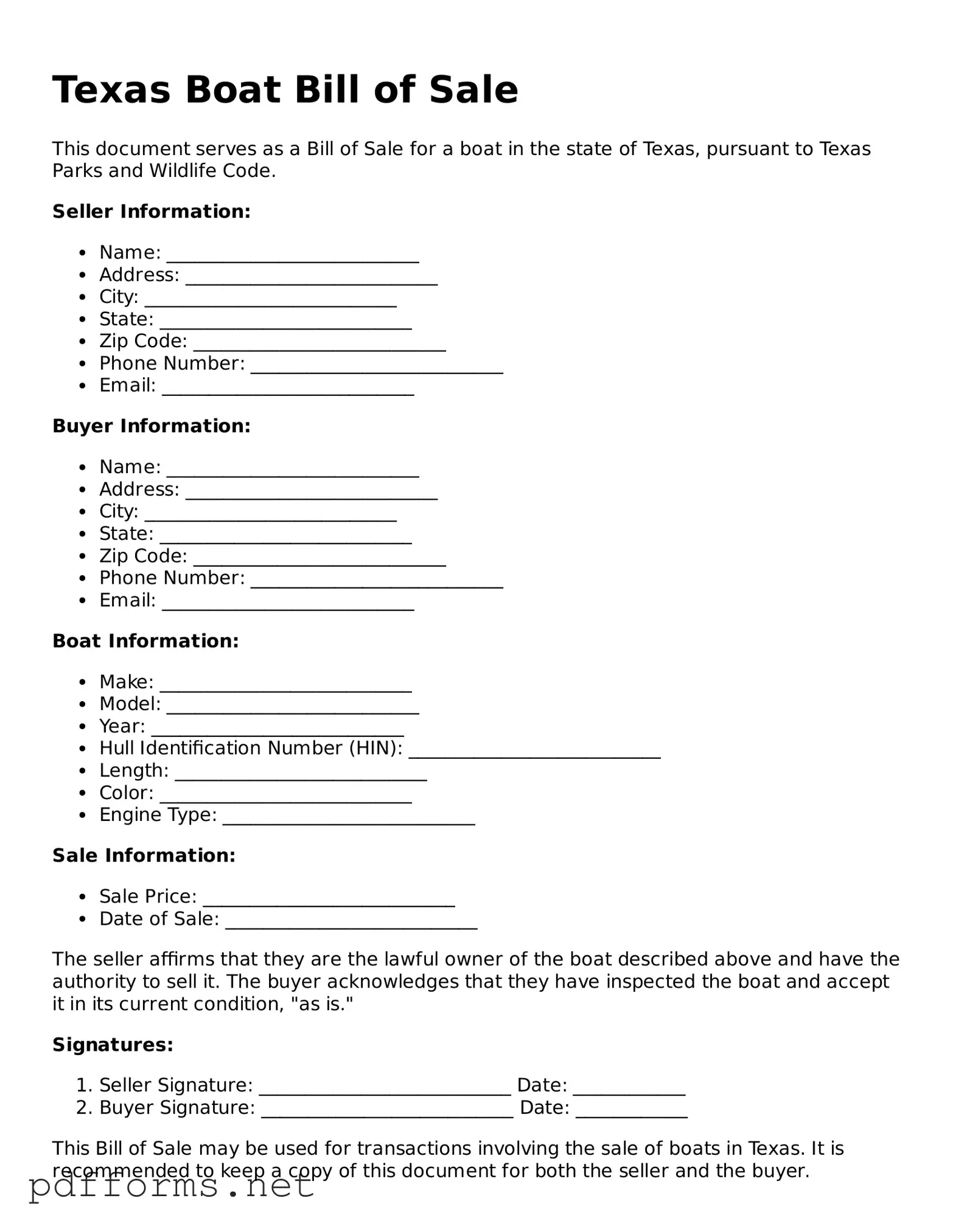 Free  Boat Bill of Sale Document for Texas