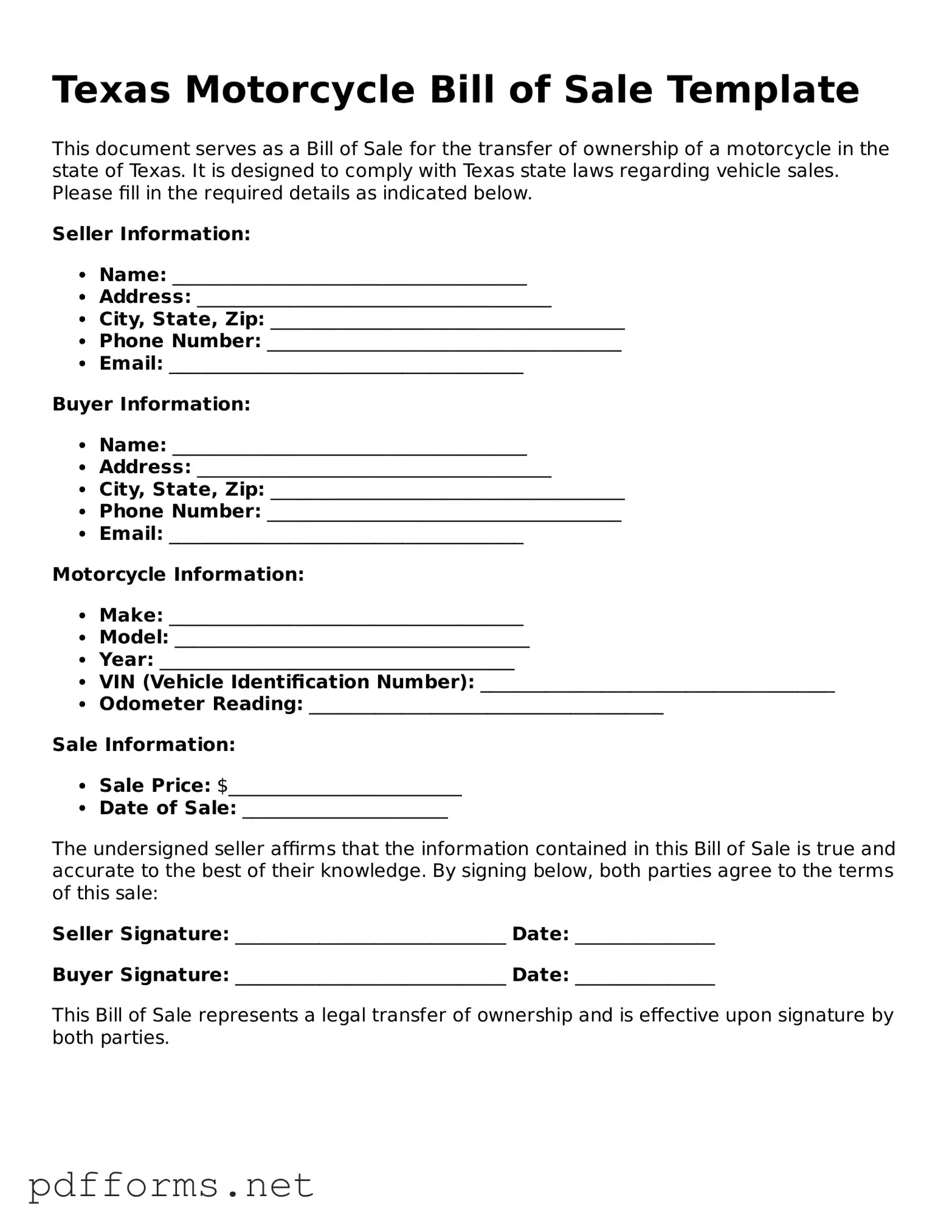 Free  Motorcycle Bill of Sale Document for Texas