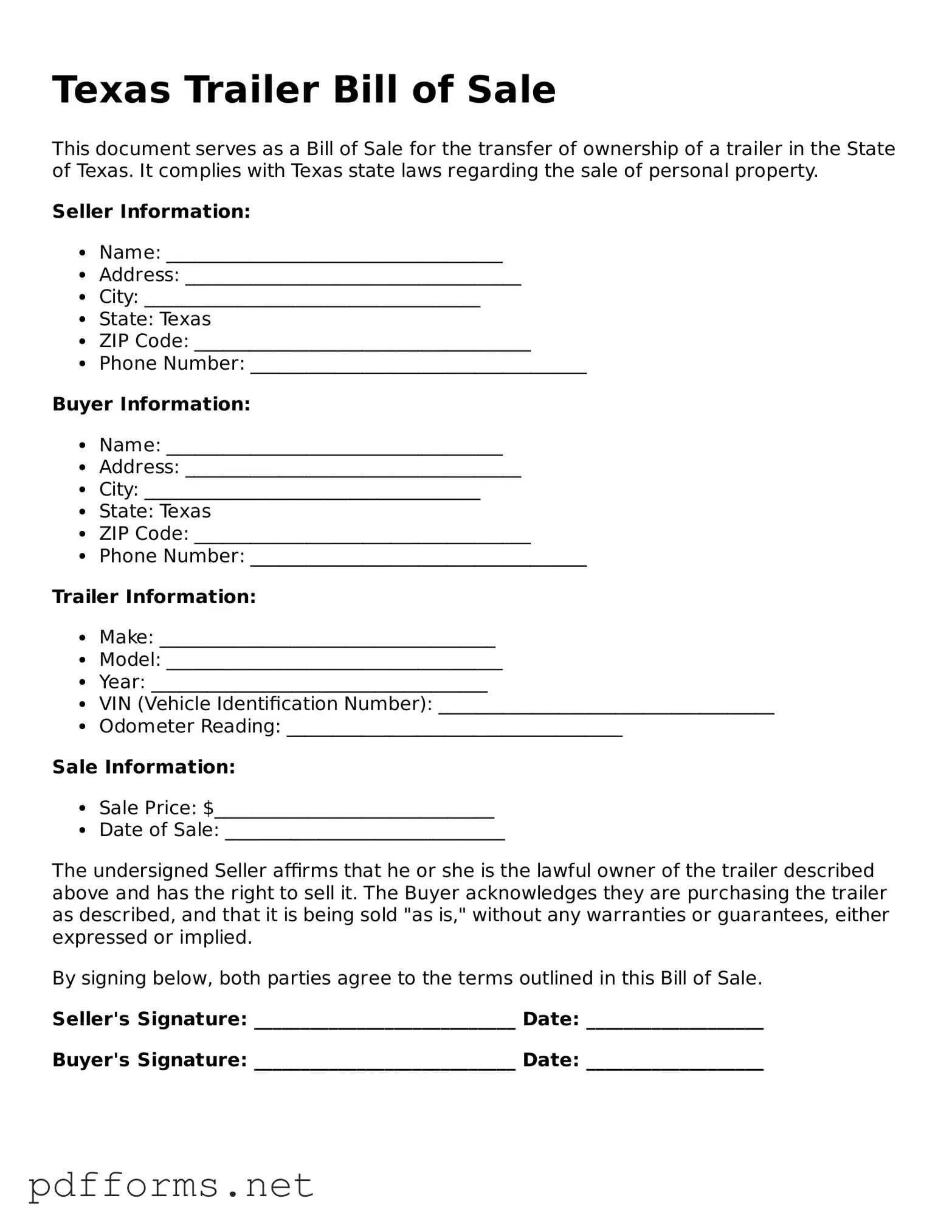 Free  Trailer Bill of Sale Document for Texas