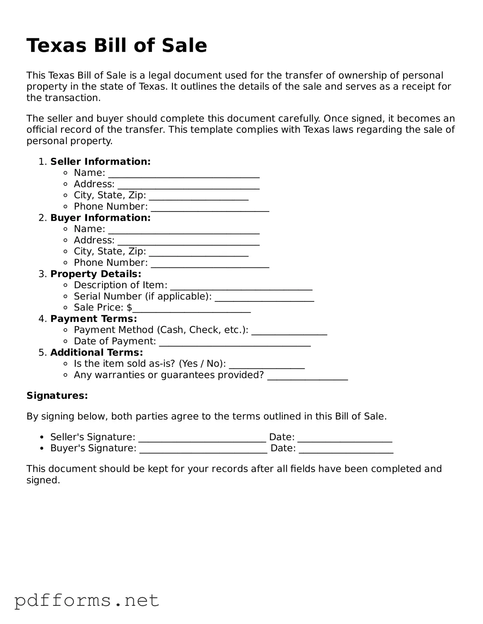 Free  Bill of Sale Document for Texas