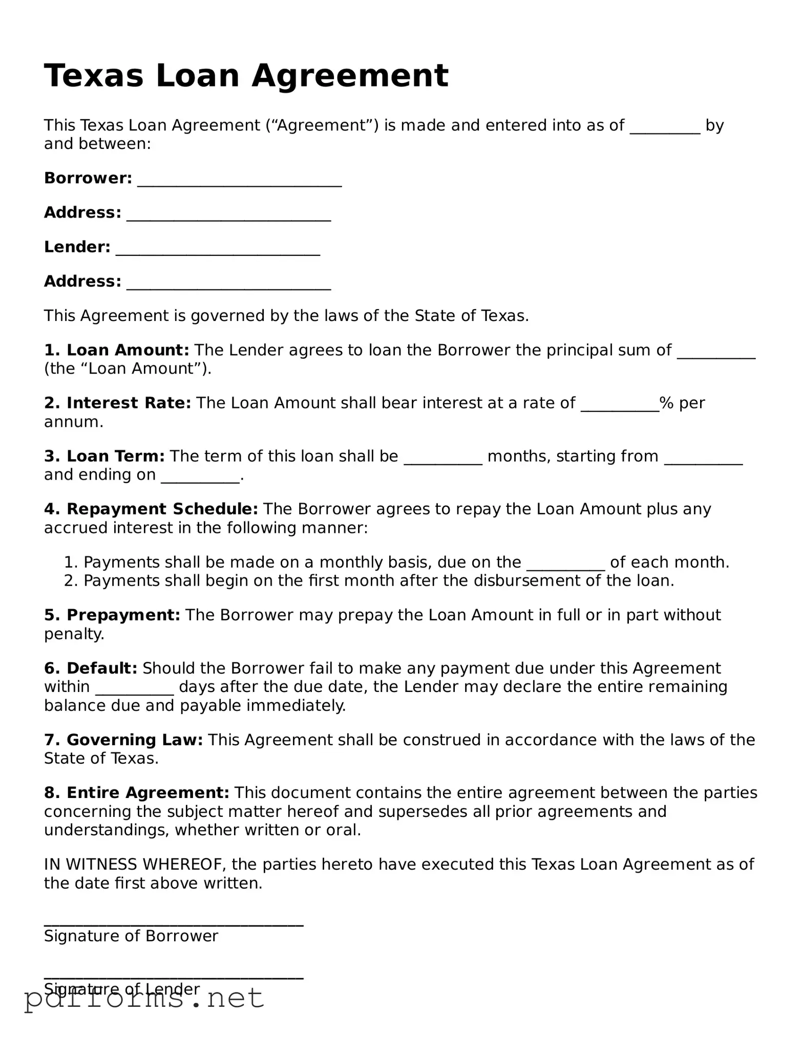 Free  Loan Agreement Document for Texas