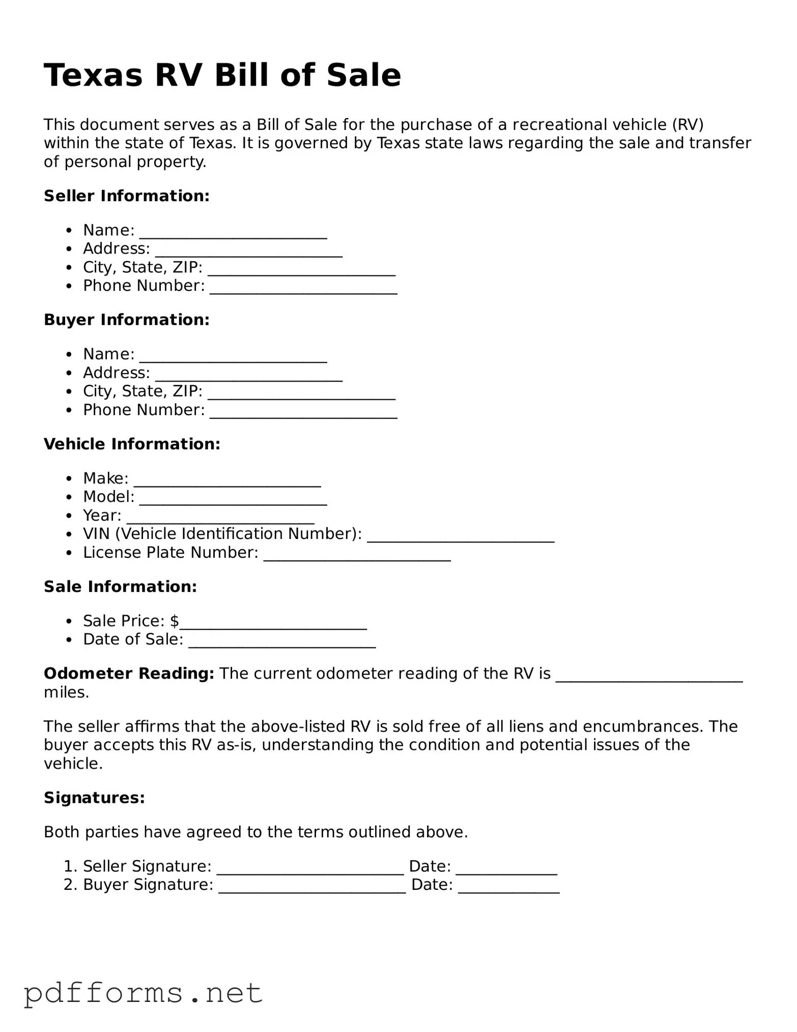 Free  RV Bill of Sale Document for Texas