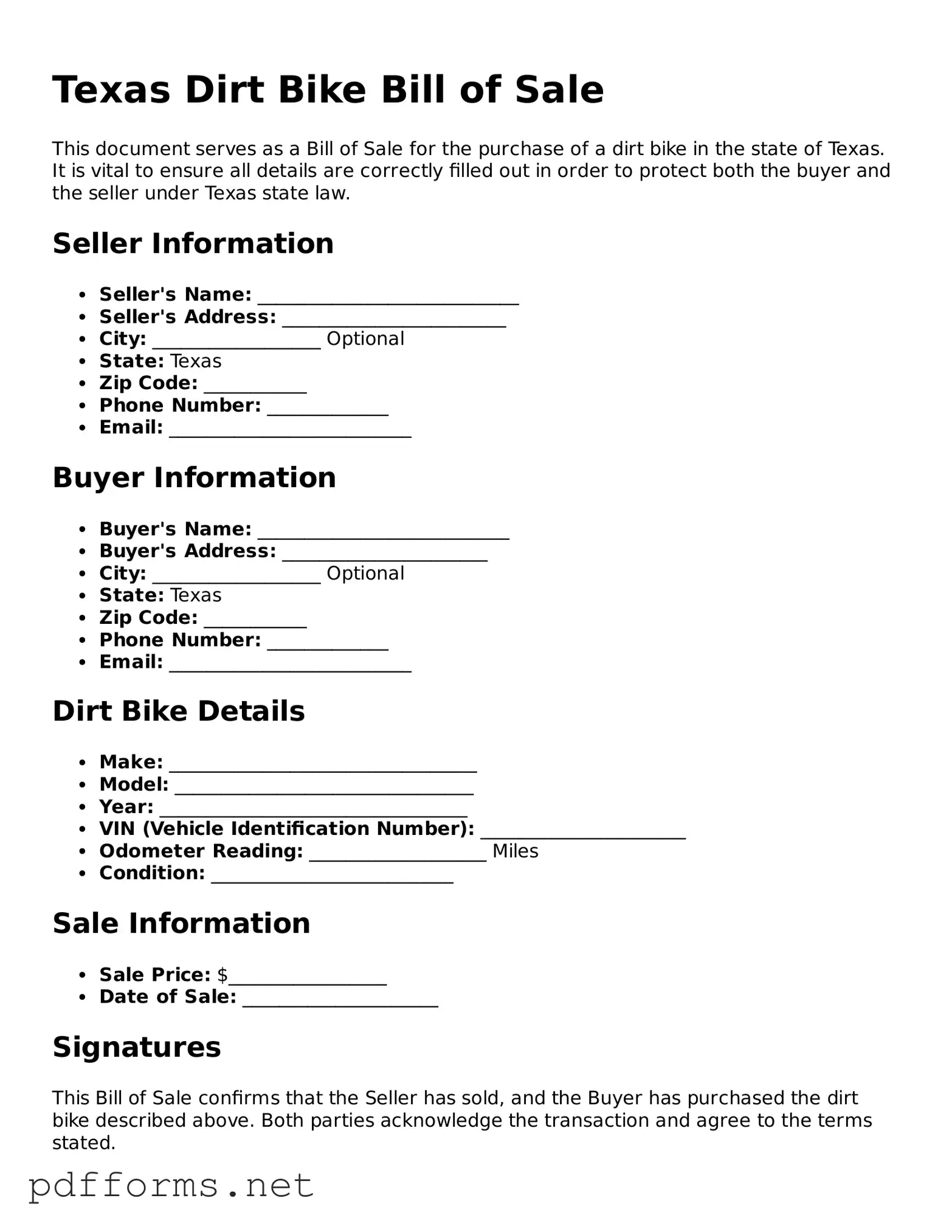 Free  Dirt Bike Bill of Sale Document for Texas