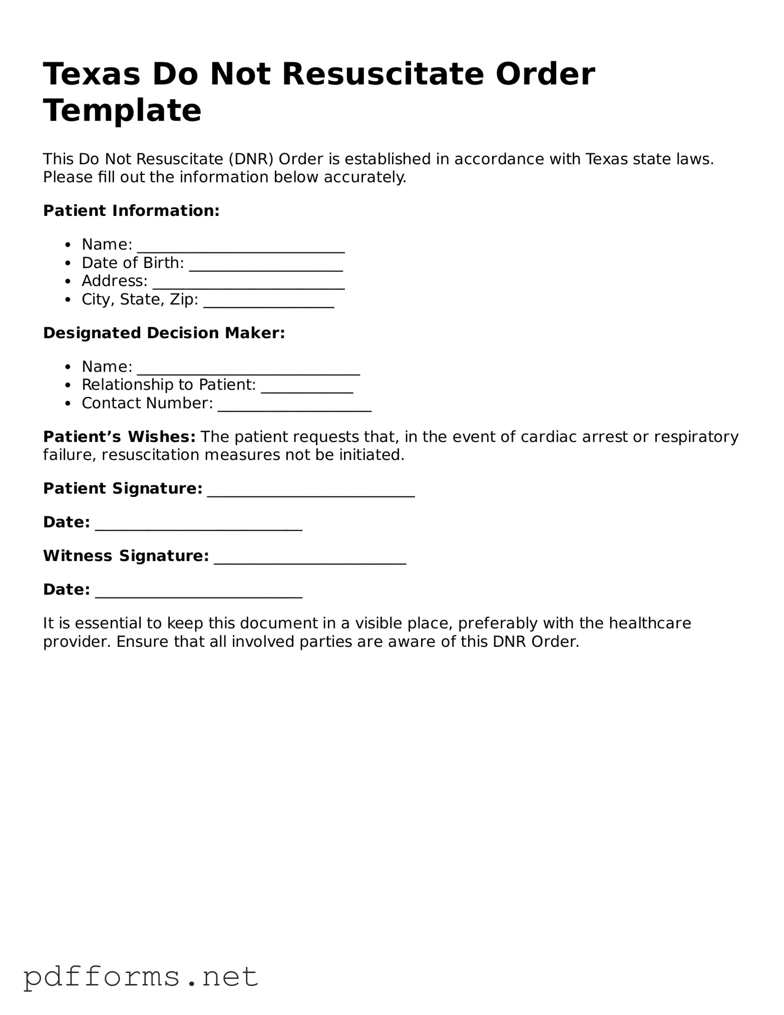 Free  Do Not Resuscitate Order Document for Texas
