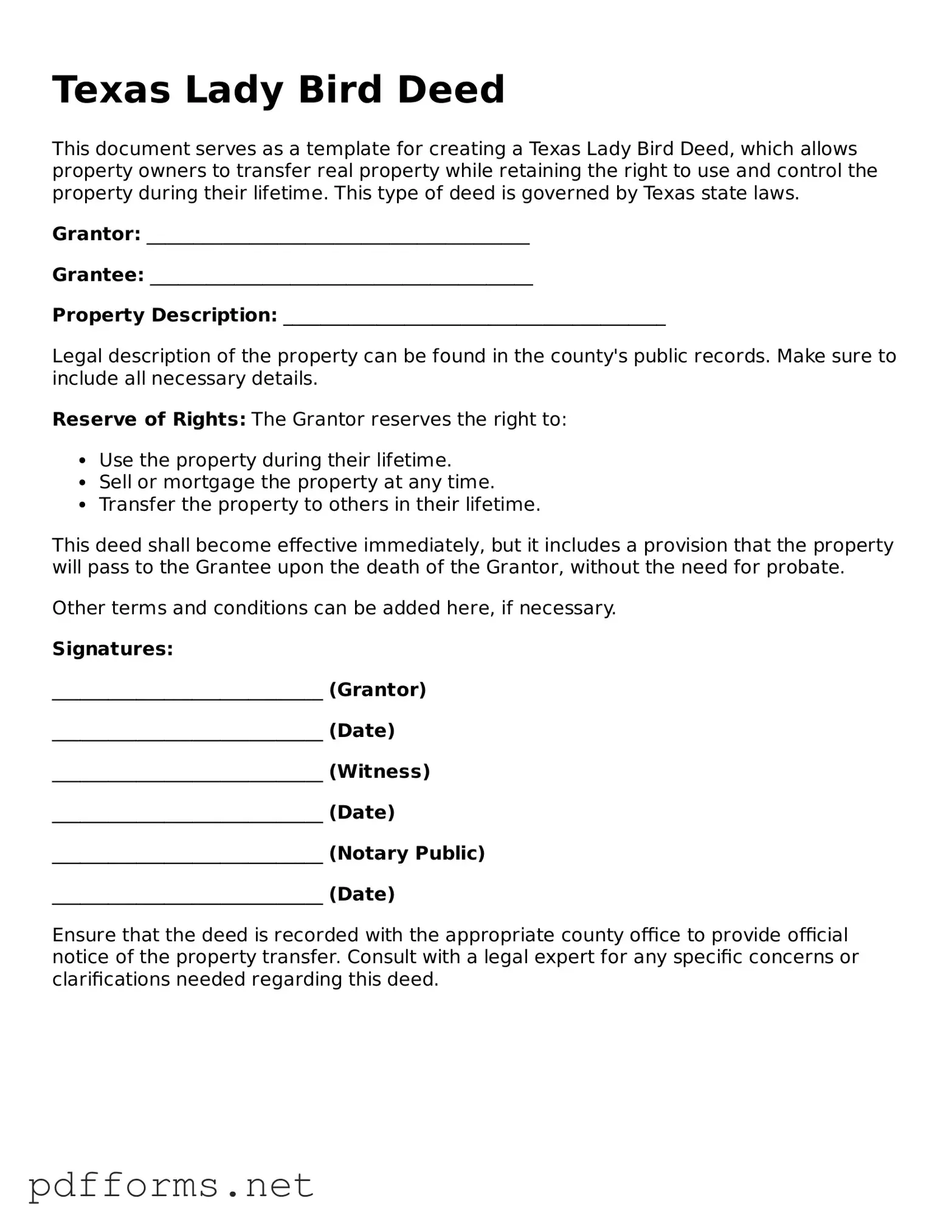 Free  Lady Bird Deed Document for Texas