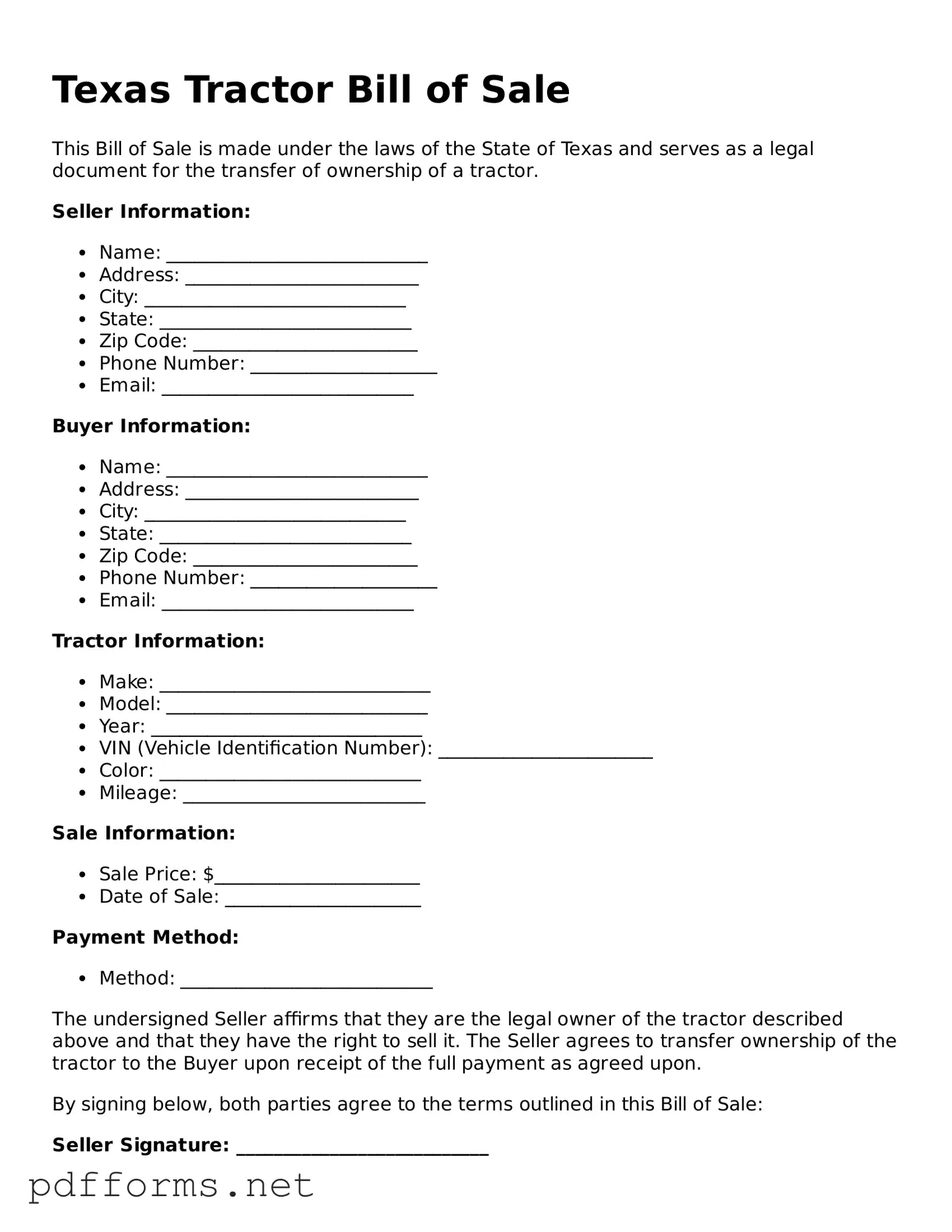 Free  Tractor Bill of Sale Document for Texas