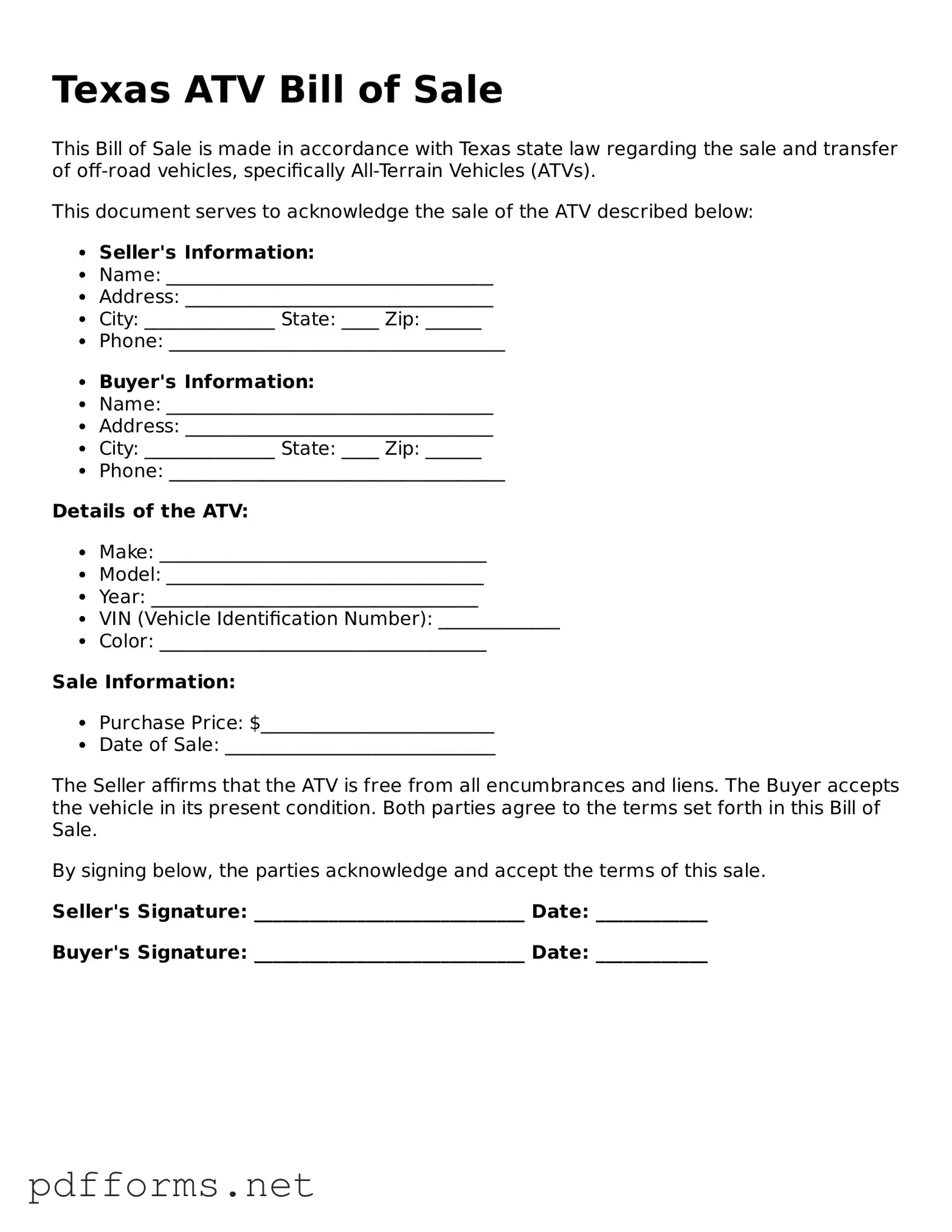 Free  ATV Bill of Sale Document for Texas