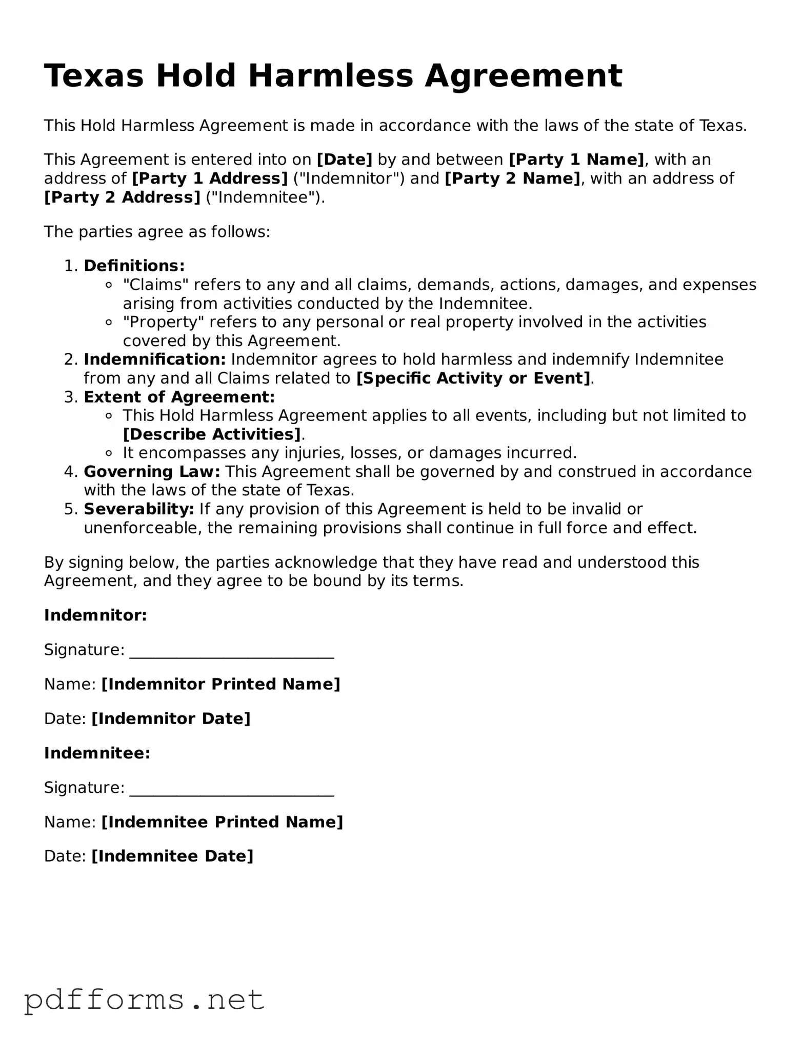 Free  Hold Harmless Agreement Document for Texas