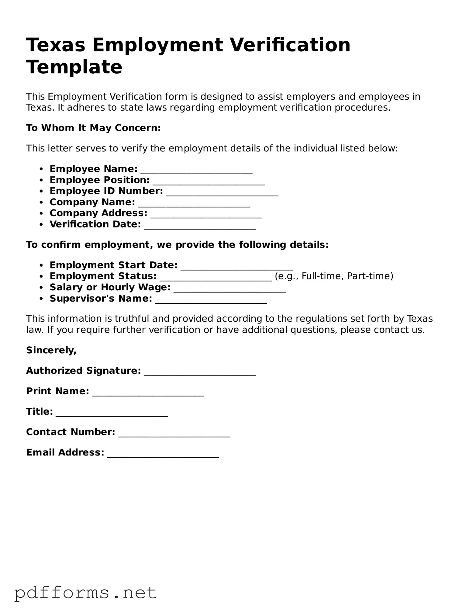 Free  Employment Verification Document for Texas