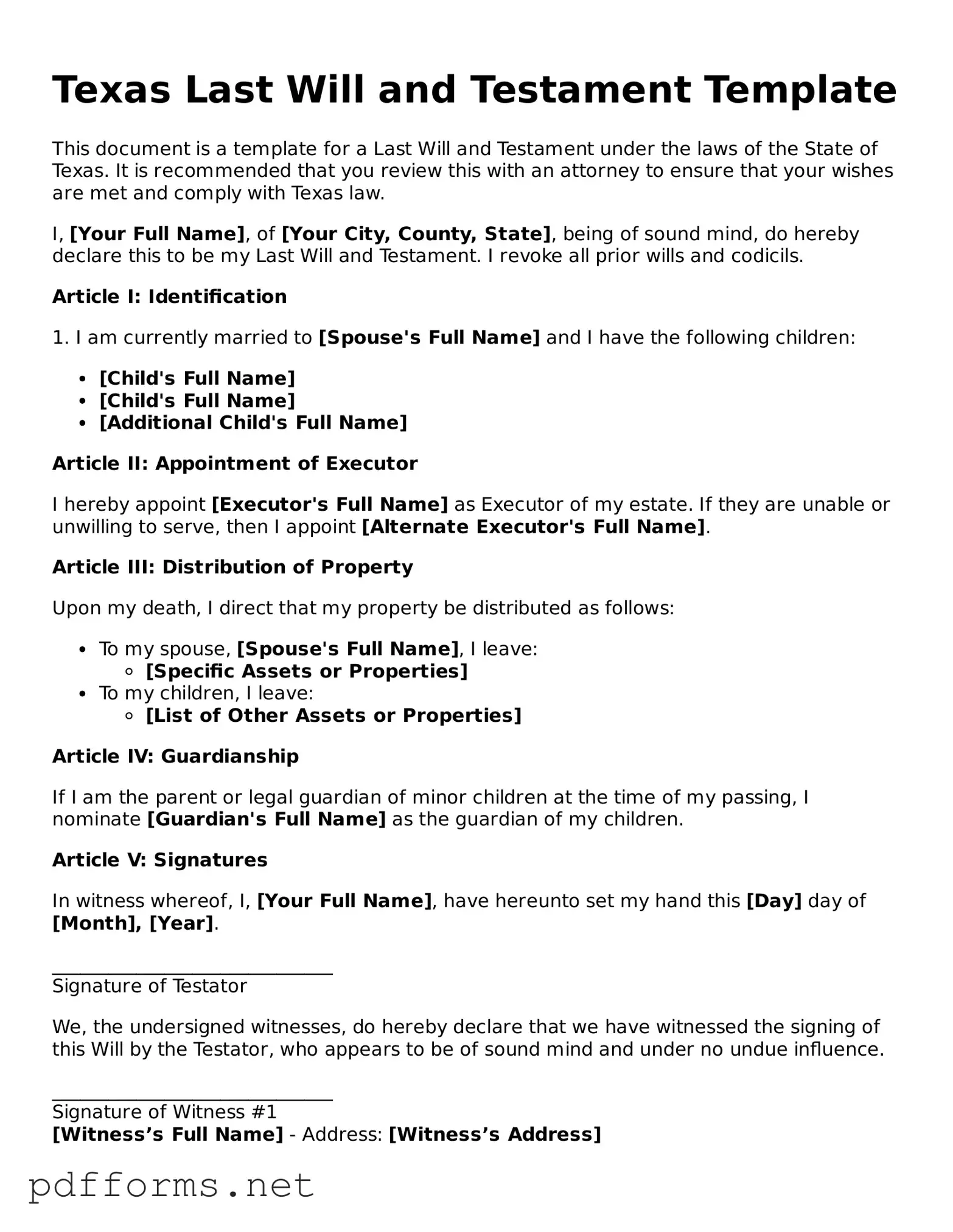 Free  Last Will and Testament Document for Texas
