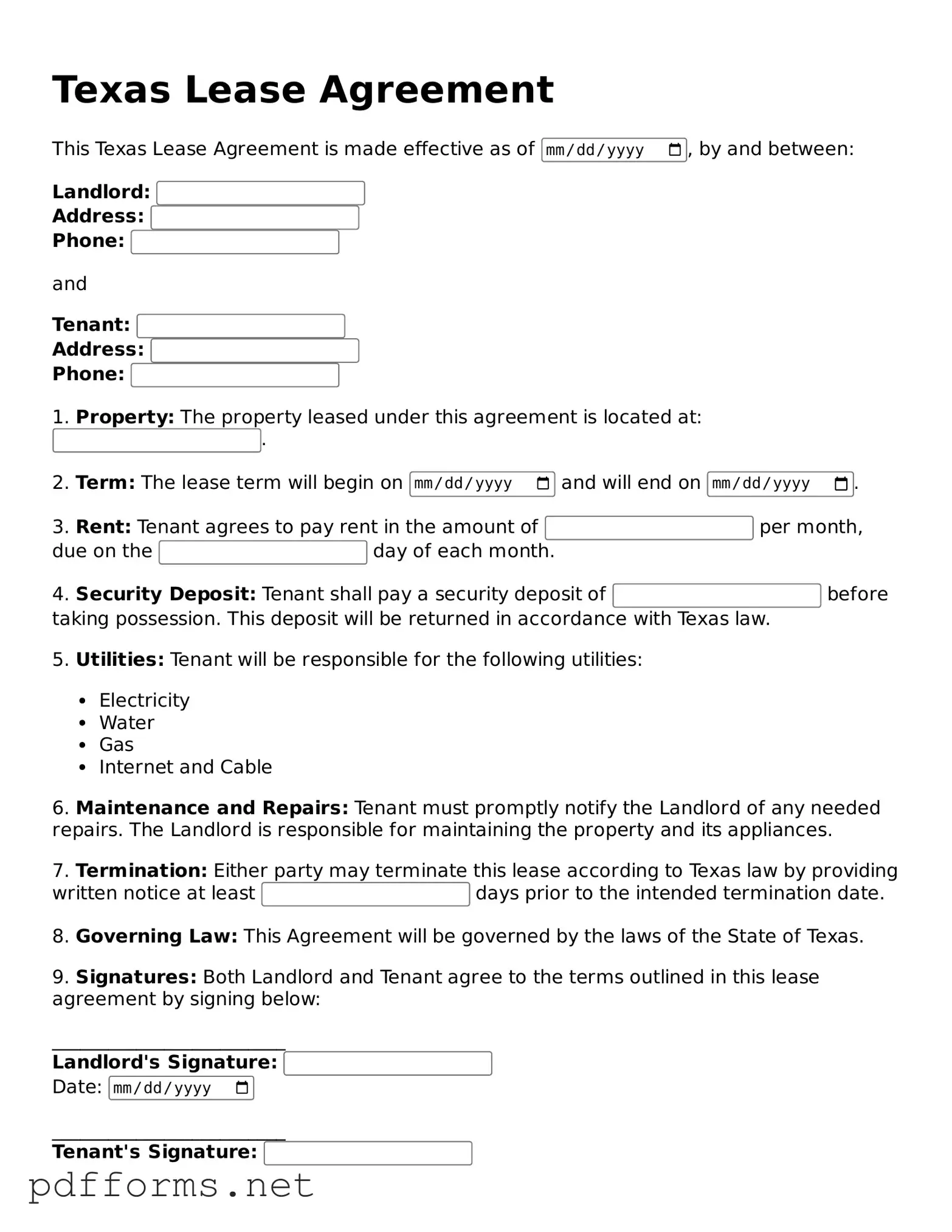 Free  Lease Agreement Document for Texas