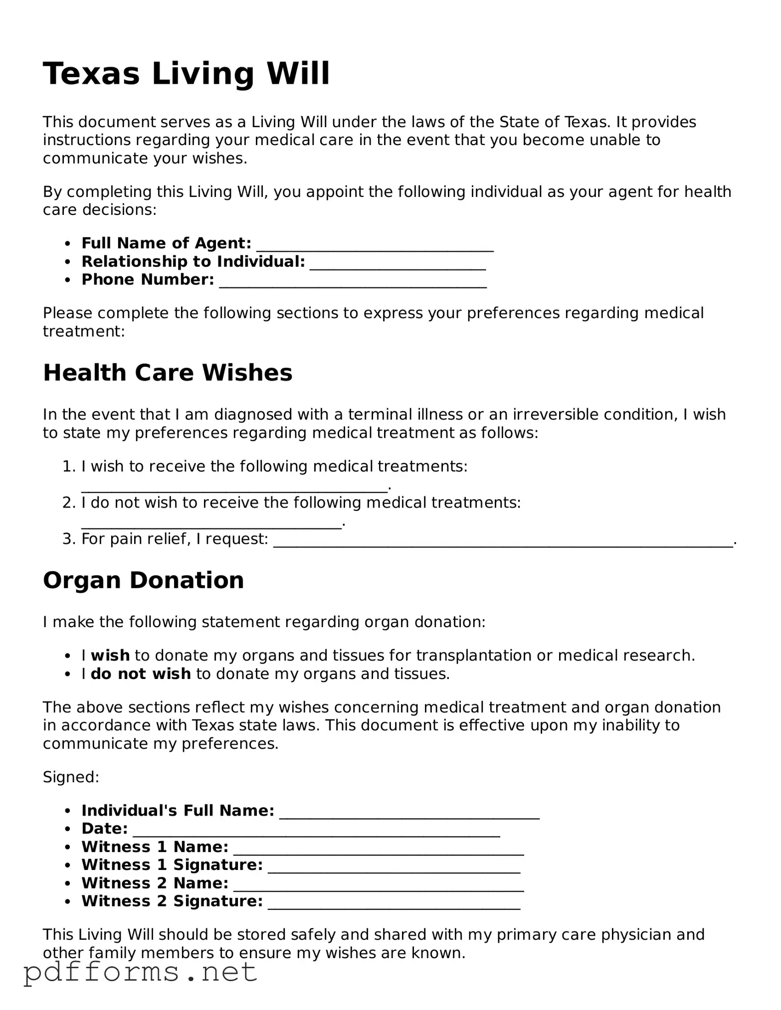 Free  Living Will Document for Texas