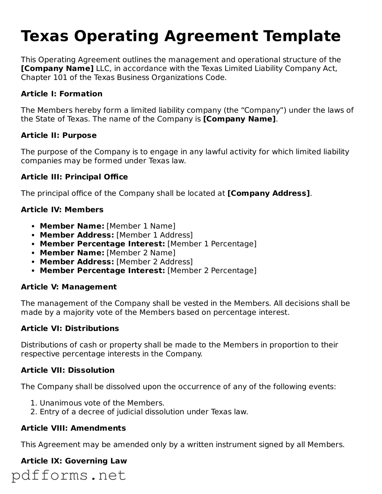 Free  Operating Agreement Document for Texas