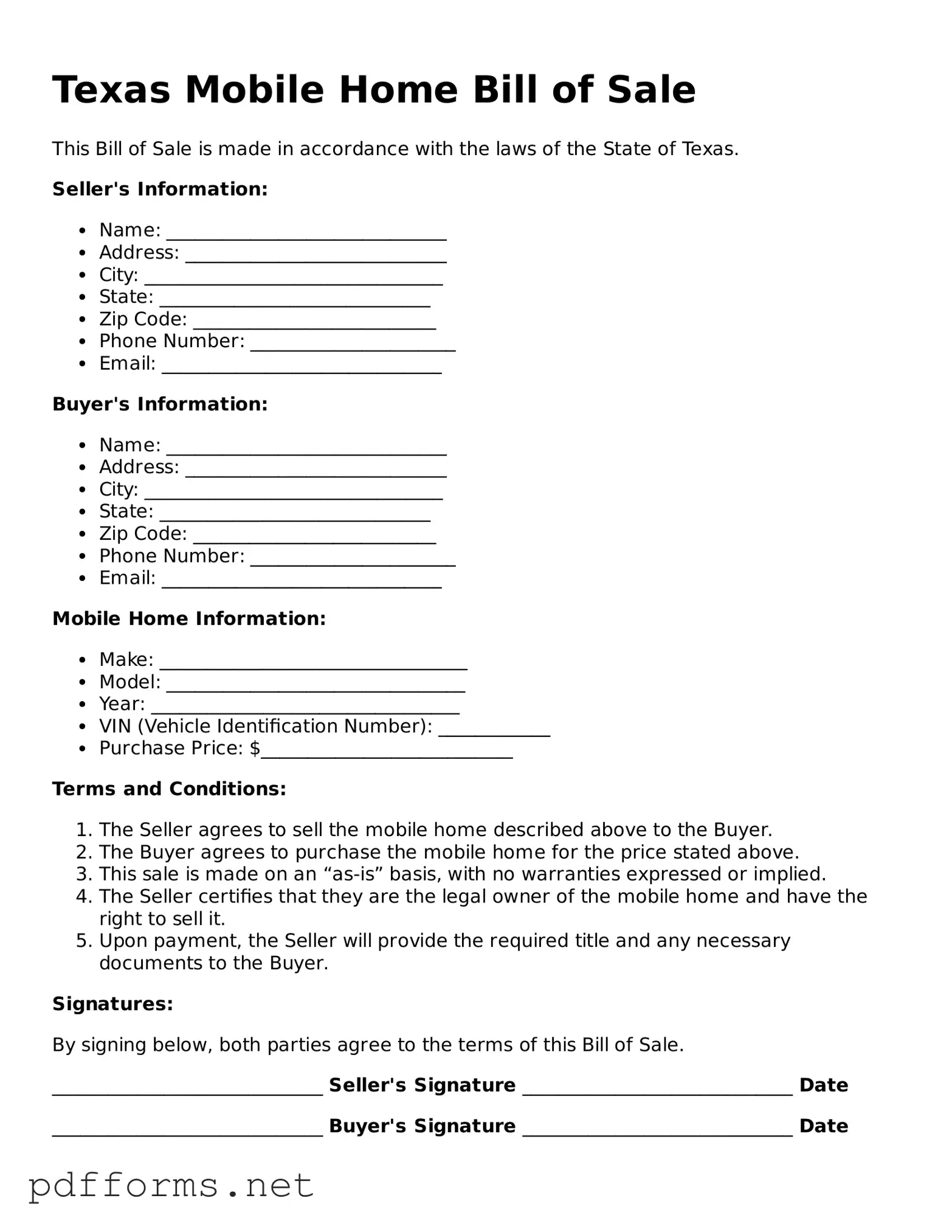 Free  Mobile Home Bill of Sale Document for Texas