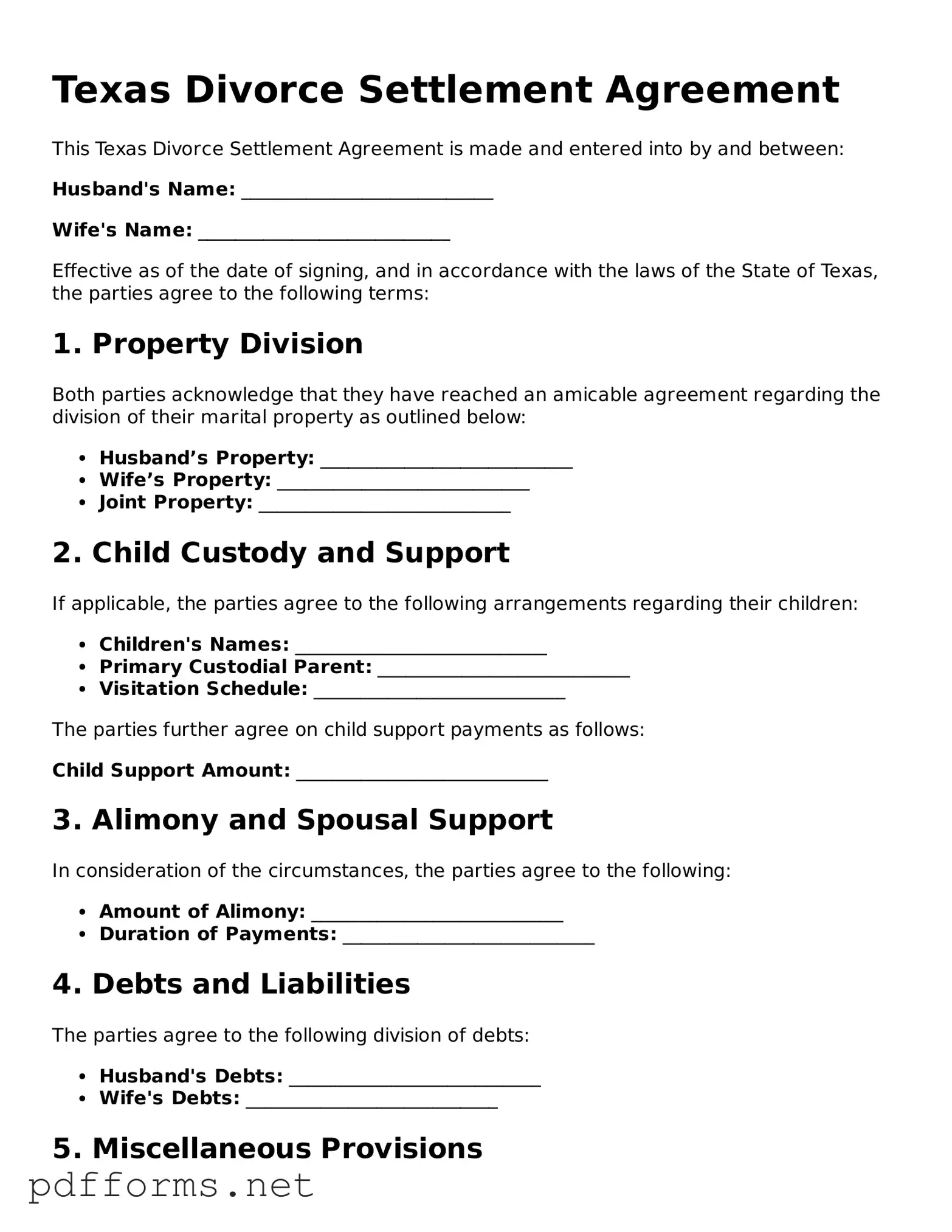Free  Divorce Settlement Agreement Document for Texas