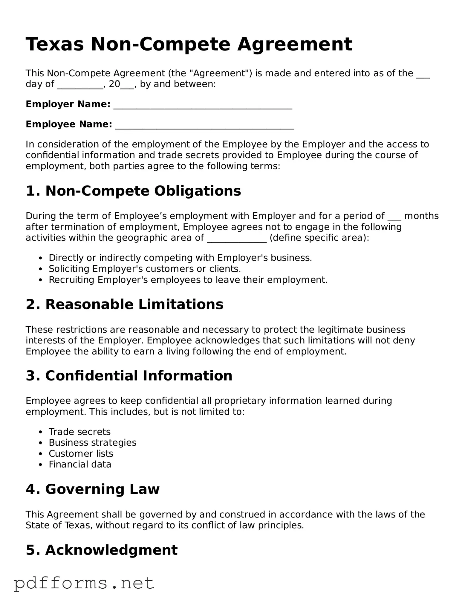 Free  Non-compete Agreement Document for Texas