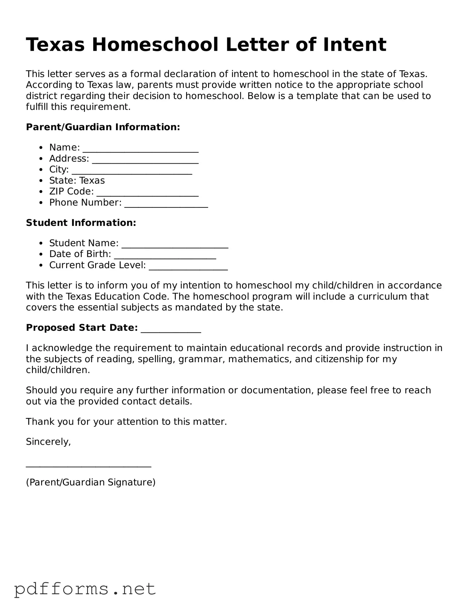 Free  Homeschool Letter of Intent Document for Texas