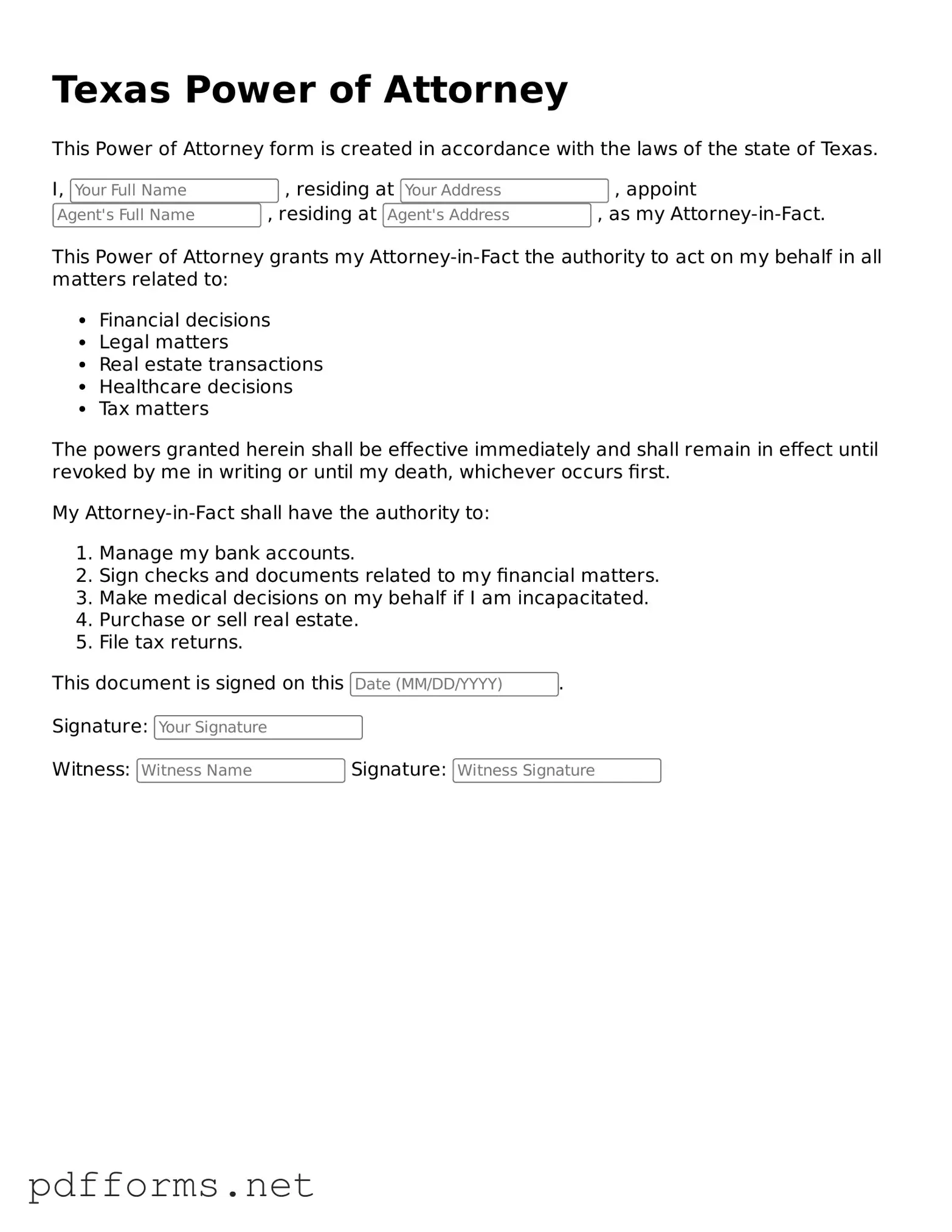 Free  Power of Attorney Document for Texas