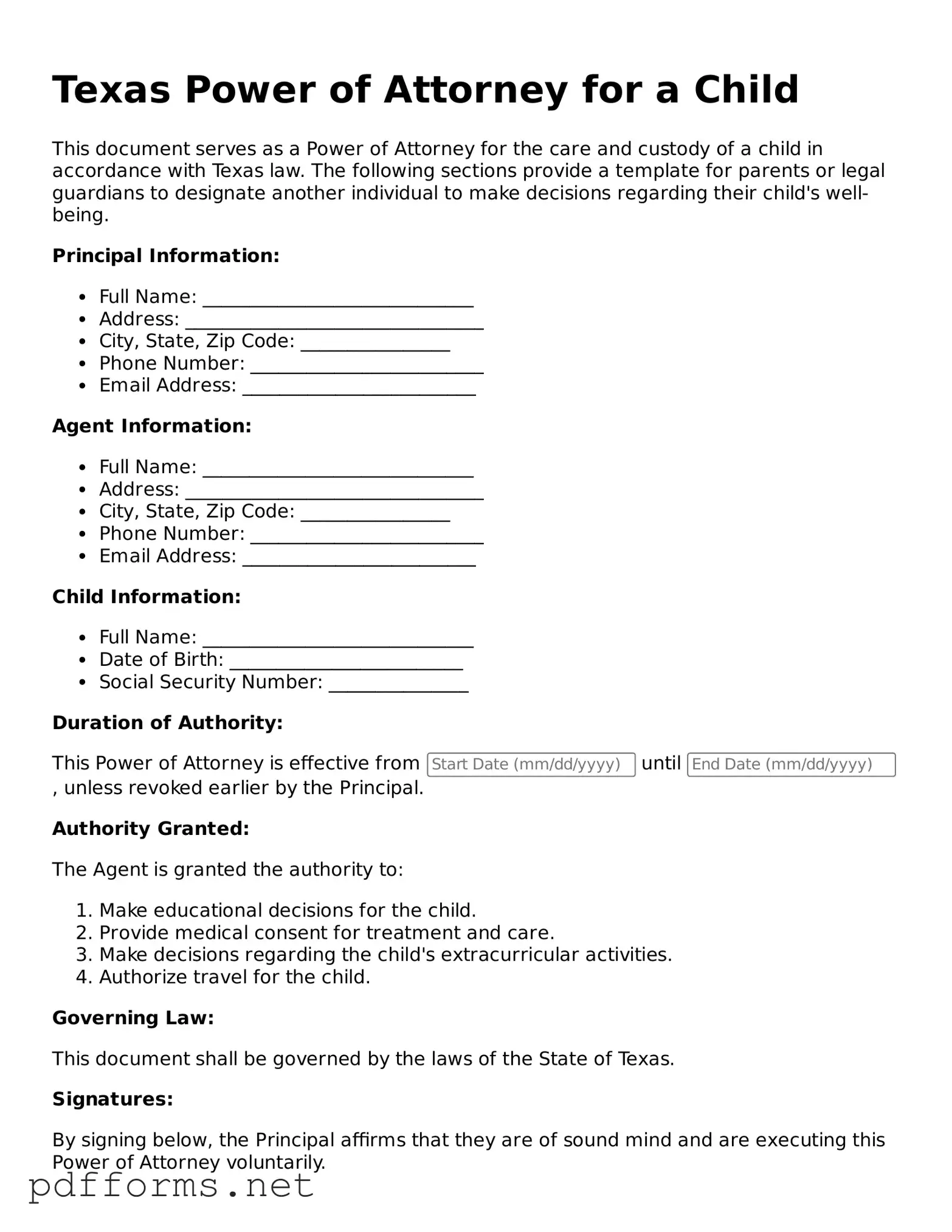 Free  Power of Attorney for a Child Document for Texas