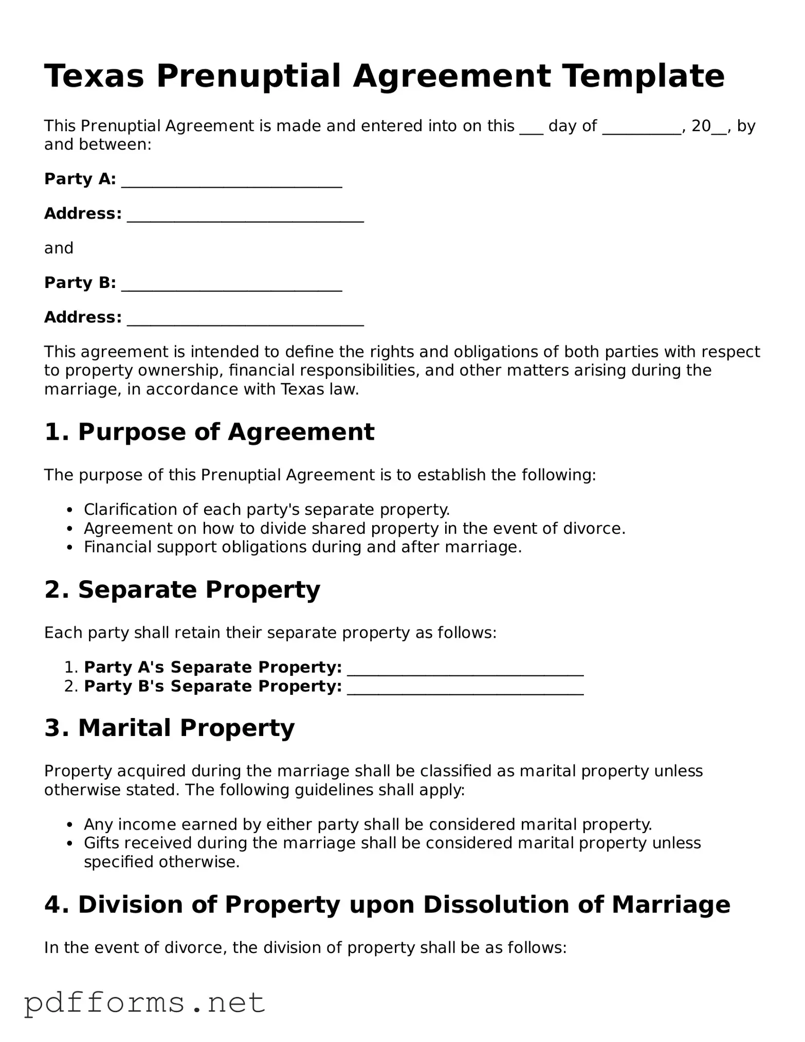 Free  Prenuptial Agreement Document for Texas