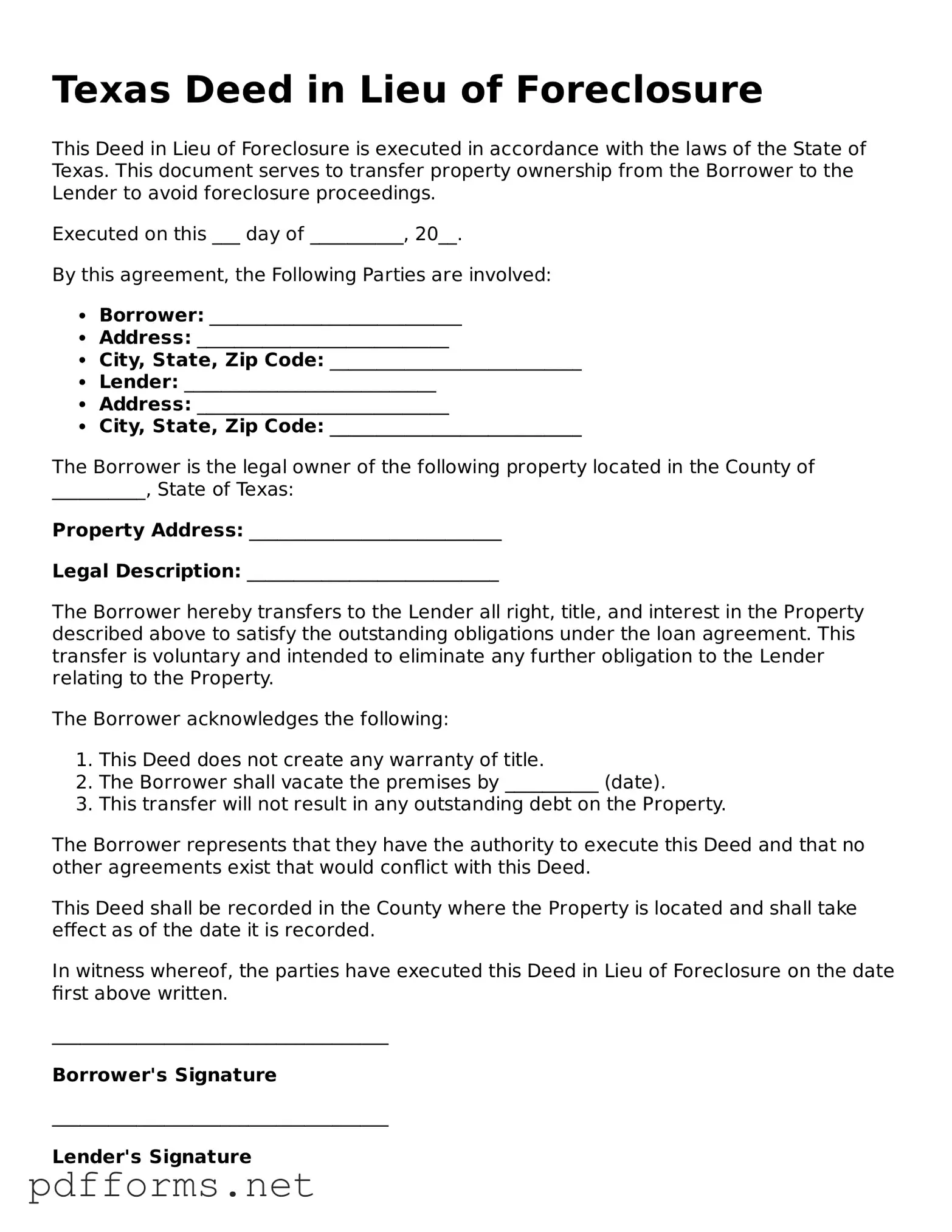 Free  Deed in Lieu of Foreclosure Document for Texas
