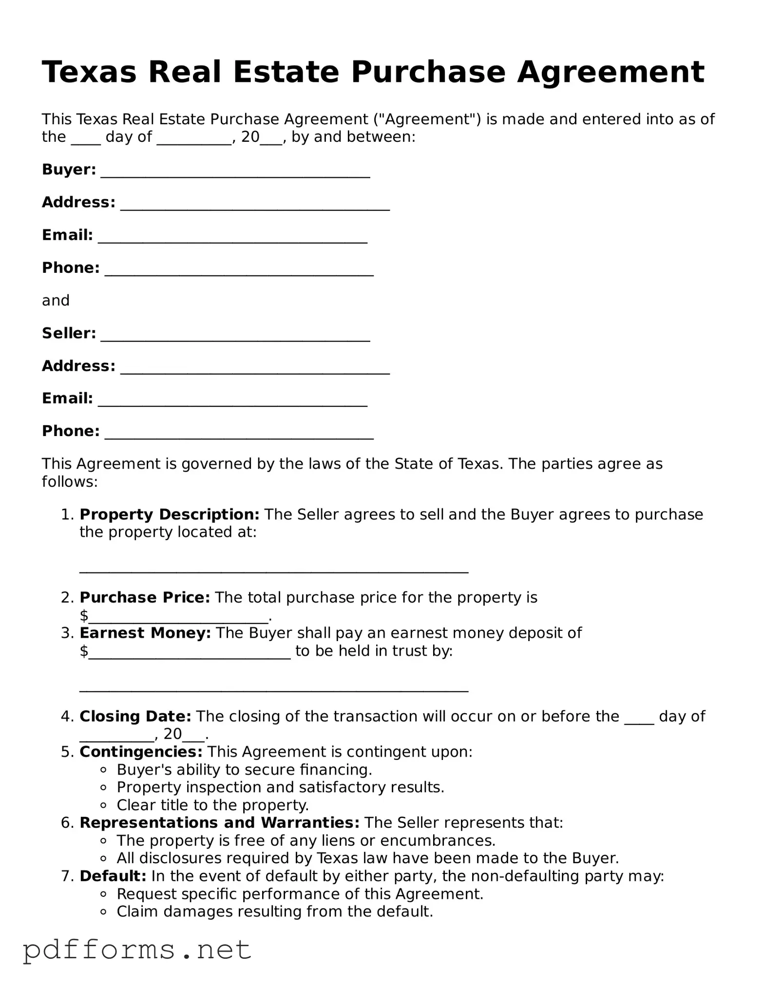 Free  Real Estate Purchase Agreement Document for Texas