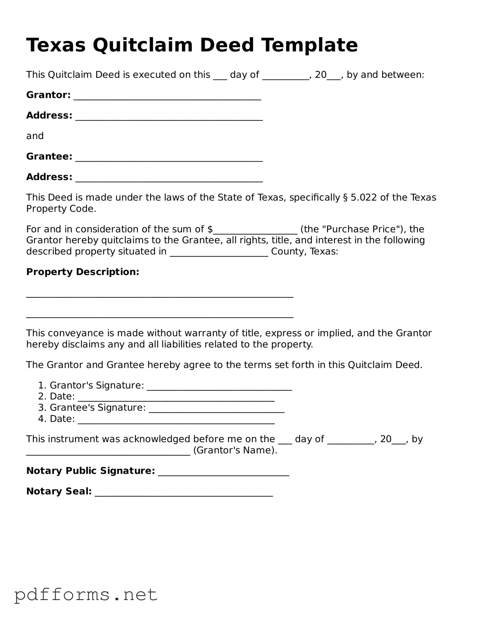 Free  Quitclaim Deed Document for Texas