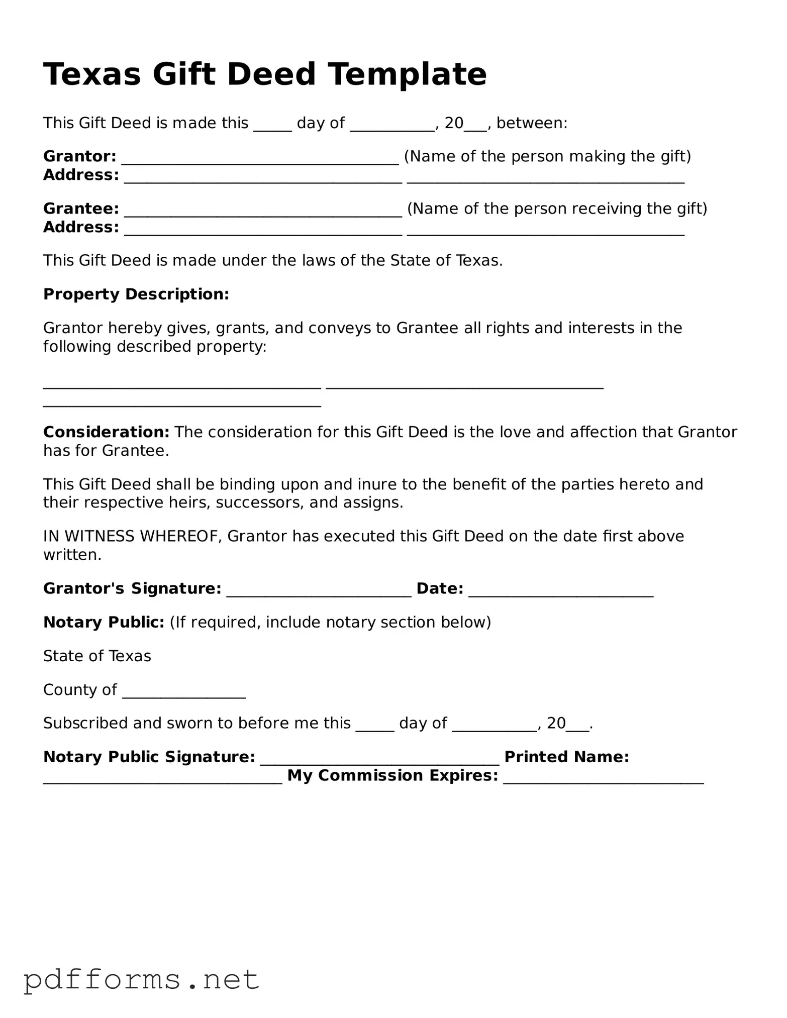 Free  Gift Deed Document for Texas