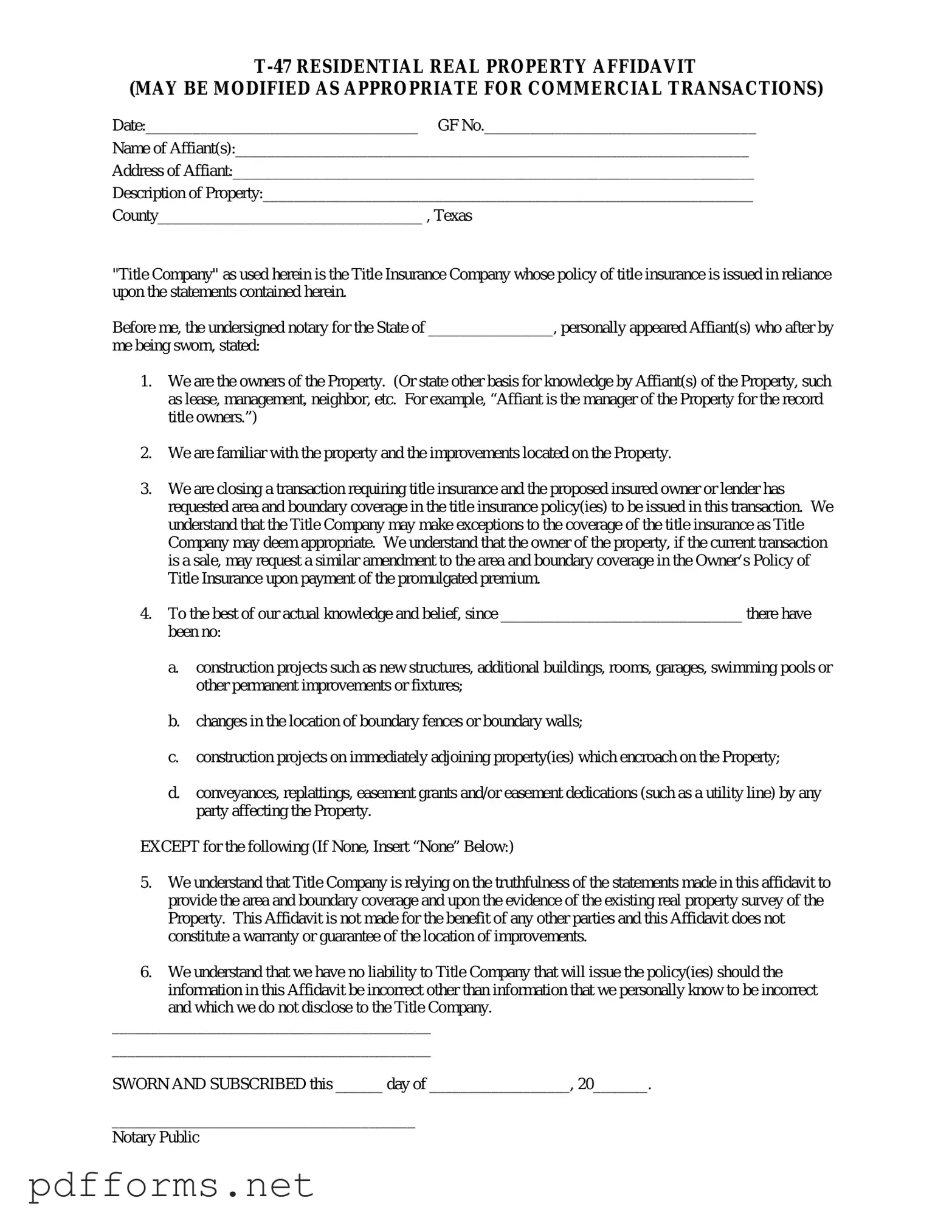 Download Texas residential property affidavit T-47 Template