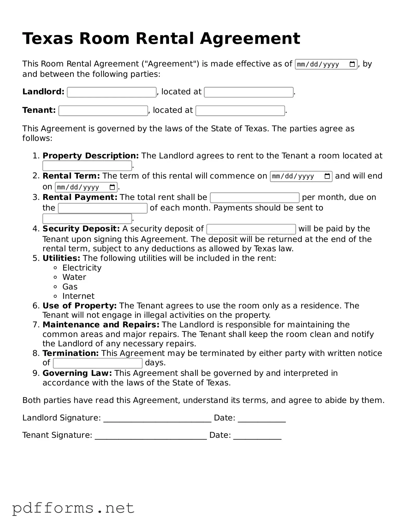 Free  Room Rental Agreement Document for Texas