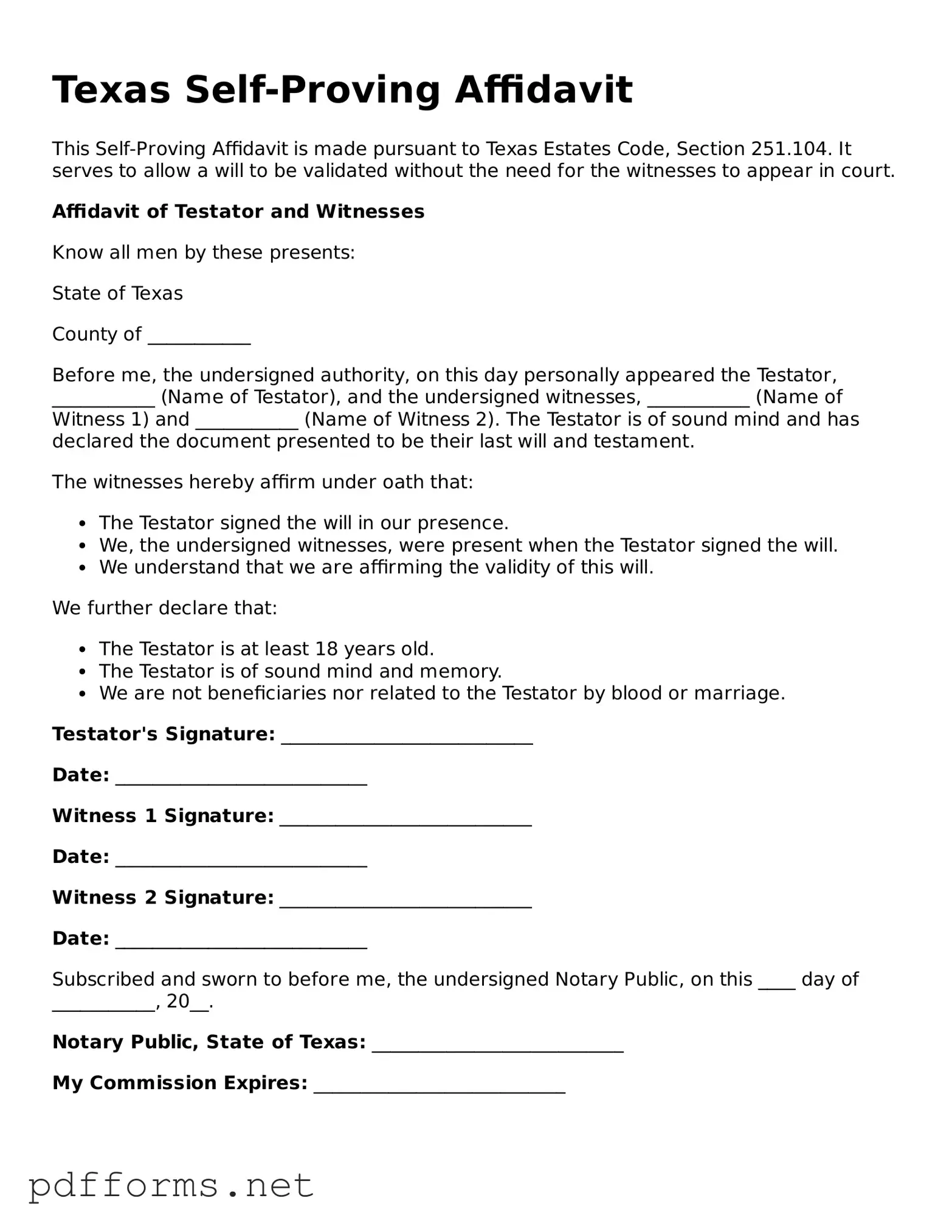 Free  Self-Proving Affidavit Document for Texas