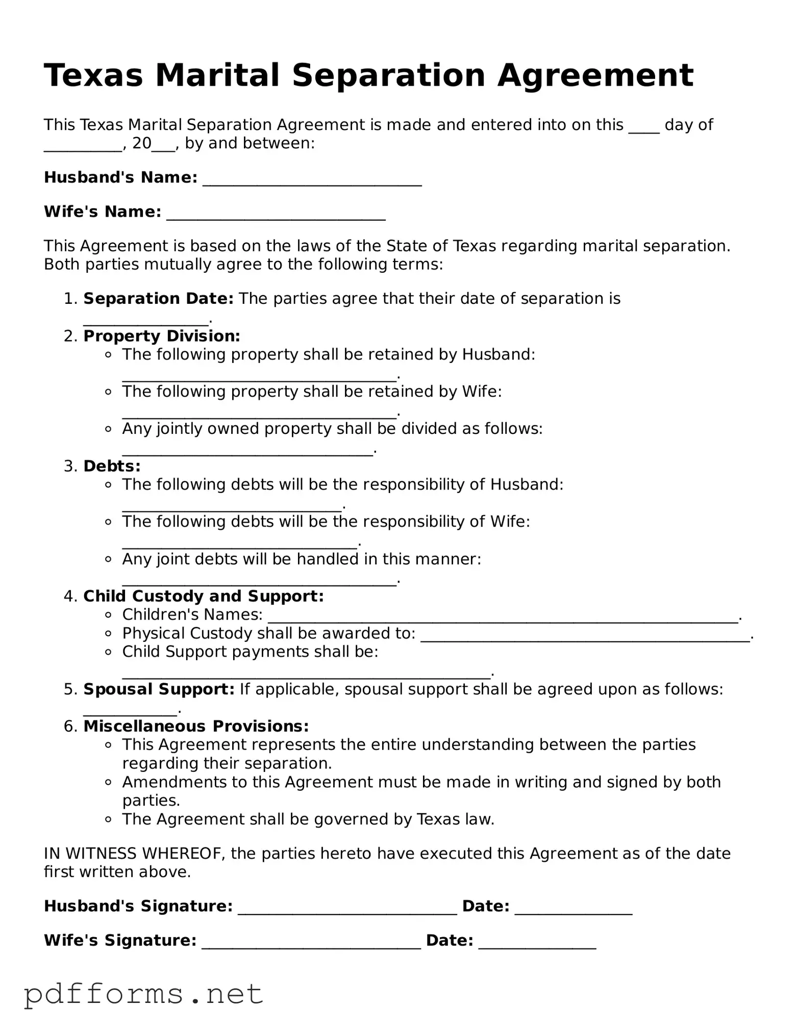 Free  Marital Separation Agreement Document for Texas
