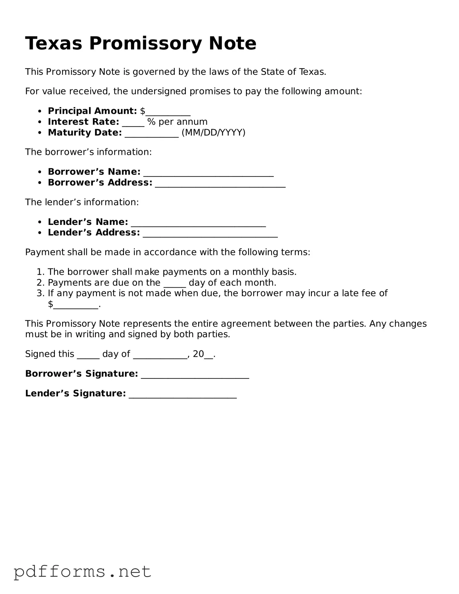 Free  Promissory Note Document for Texas