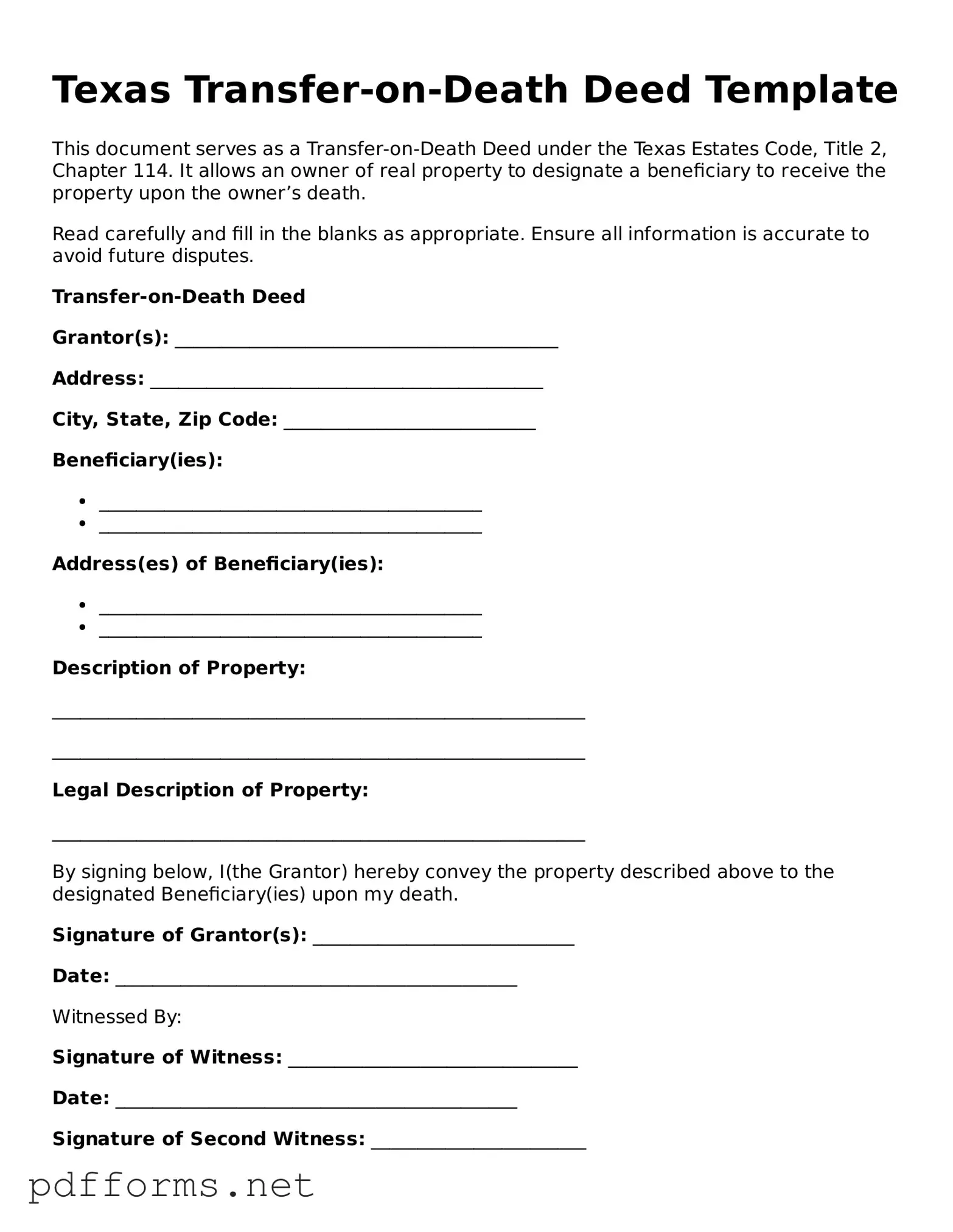 Free  Transfer-on-Death Deed Document for Texas